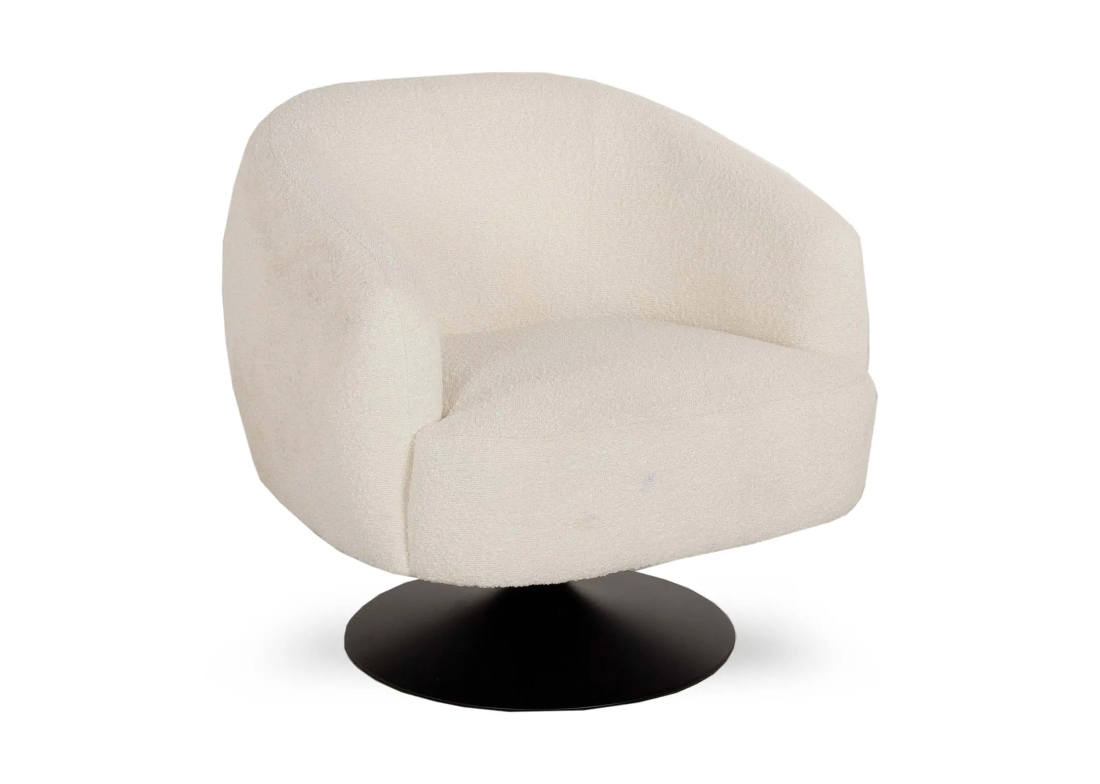 A cream boucle fabric tub swivel chair from EZ Livings Fusion range. Angled view of black circular base.