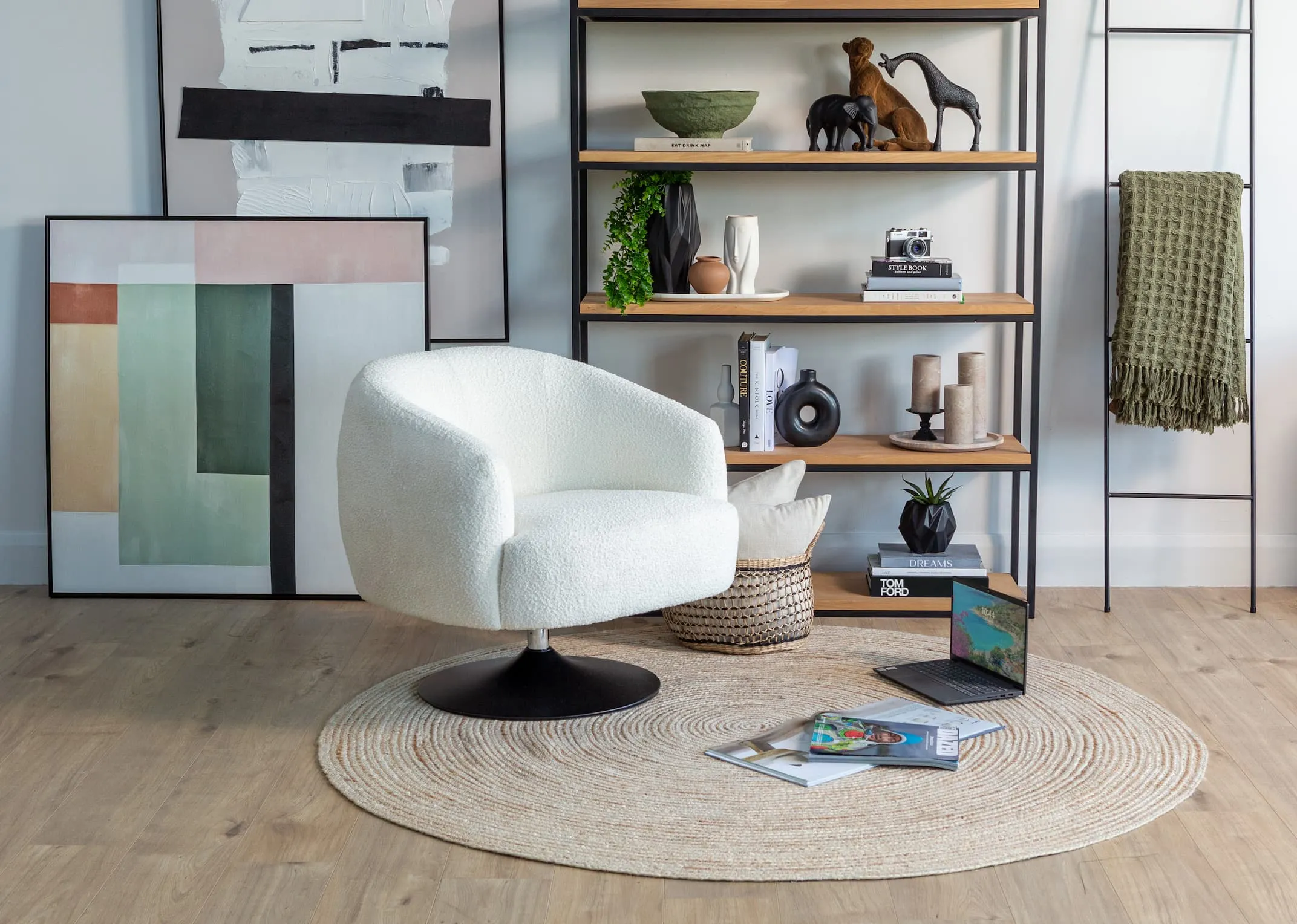 A lifestyle image of the Fusion chair with Mila bookcase and Affinity canvas & natural rug