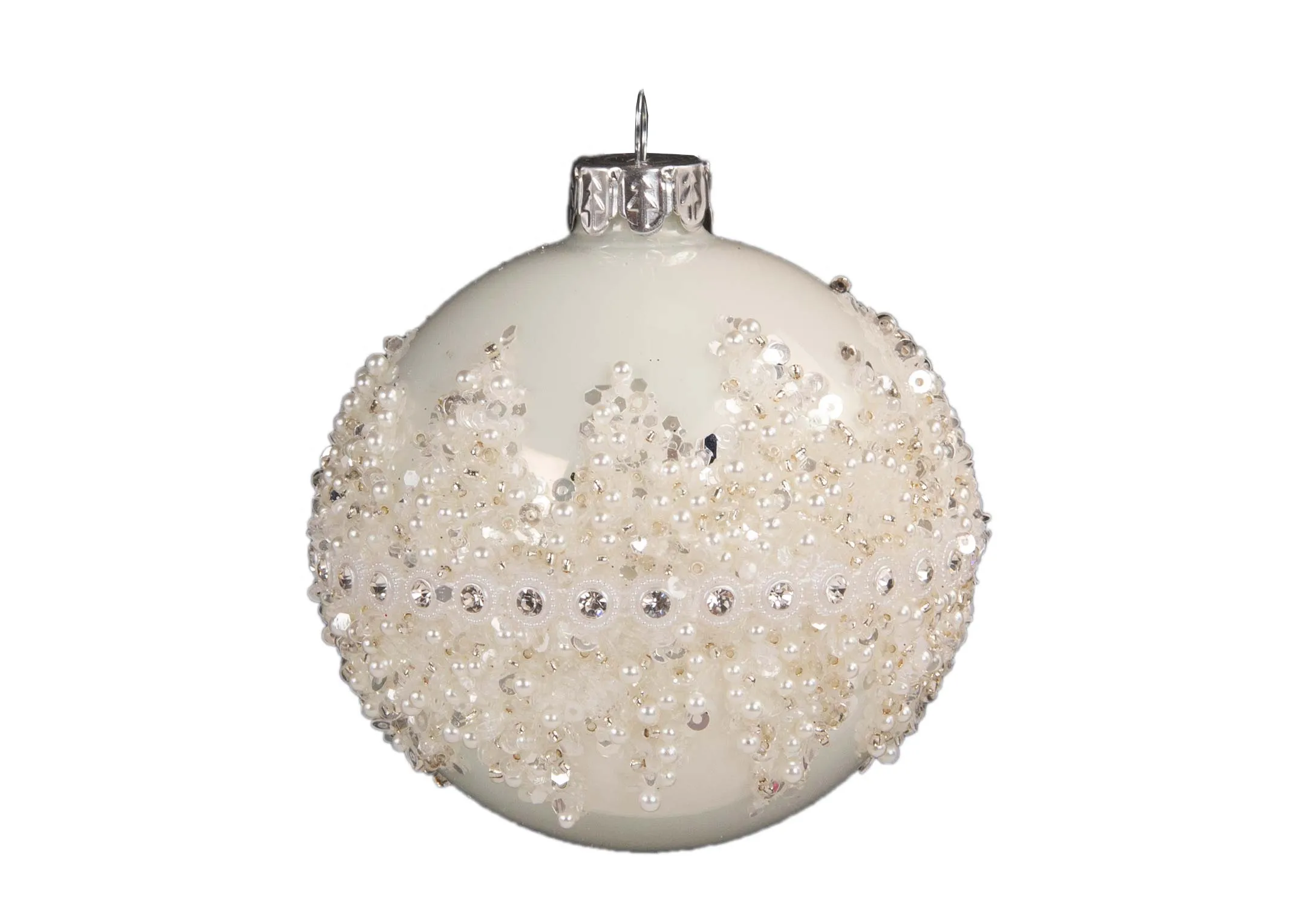 A dimension image of the White Round encrusted bauble with 8cm x 9.5cm