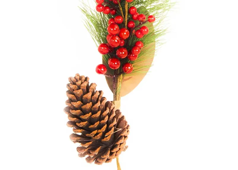 A green leafy pick with pine cone and red berries from the EZ Living Christmas range. Closeup of pine cone