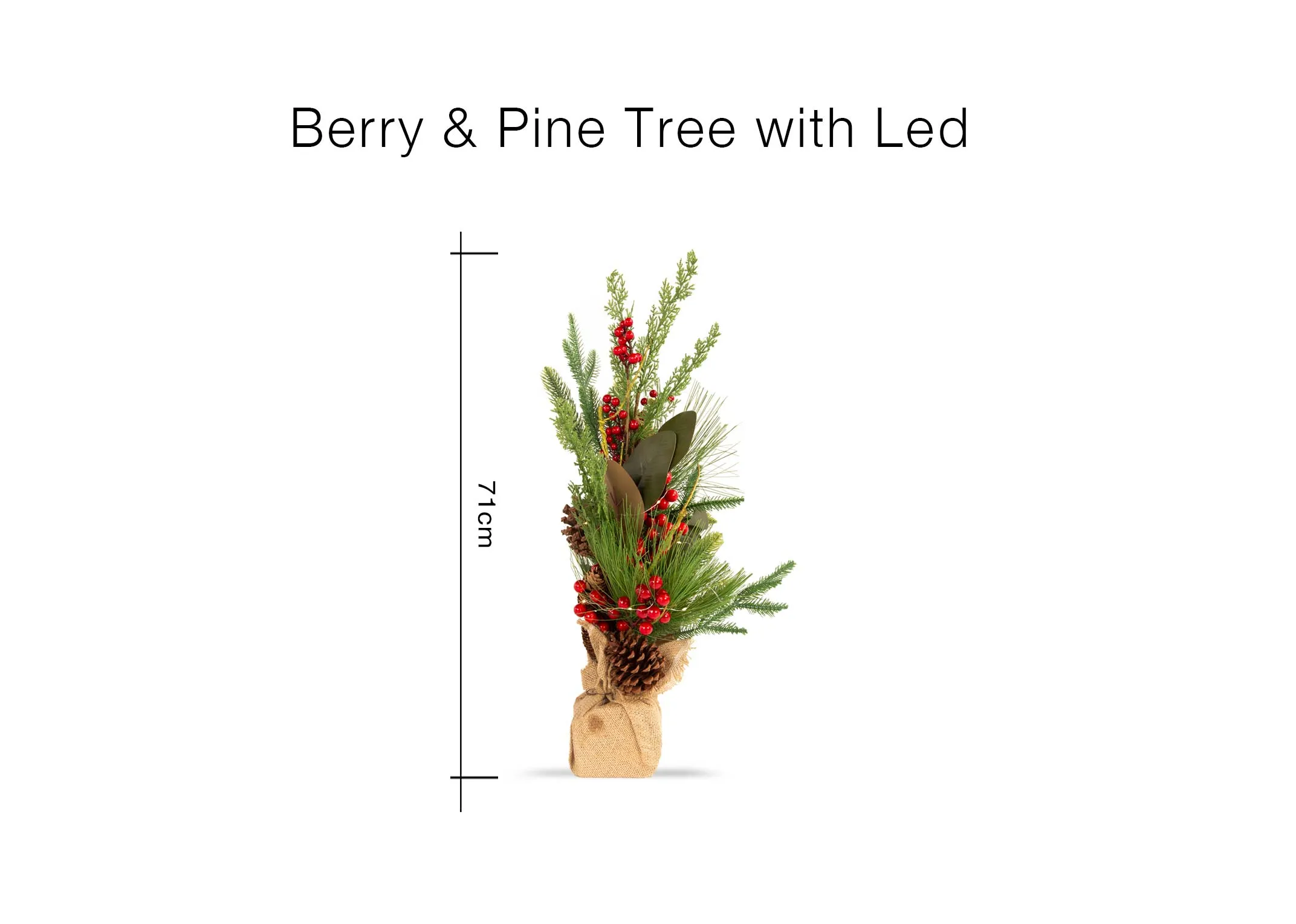 A small pine cone & berry artificial tree in a burlap sack from EZ Livings Christmas range.