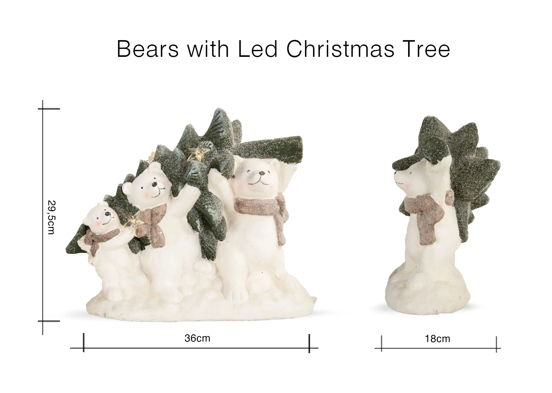 A dimension image of the Bears with LED christmas tree with 36cm x 18cm x 29.5cm