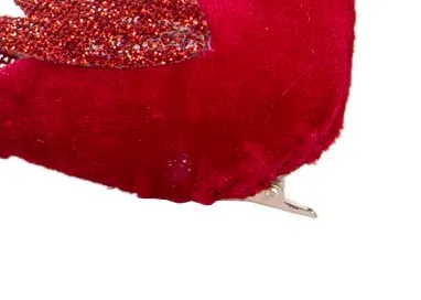 A red velvet bird with glitter wings & feather tail on a silver clip from EZ Livings Christmas range. Closeup of detail on bird
