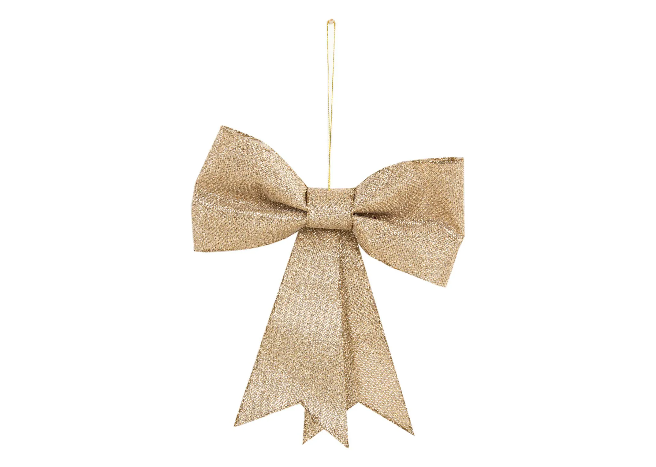 A champagne bow decoration from EZ Livings Christmas range. Front view of small decorative bow
