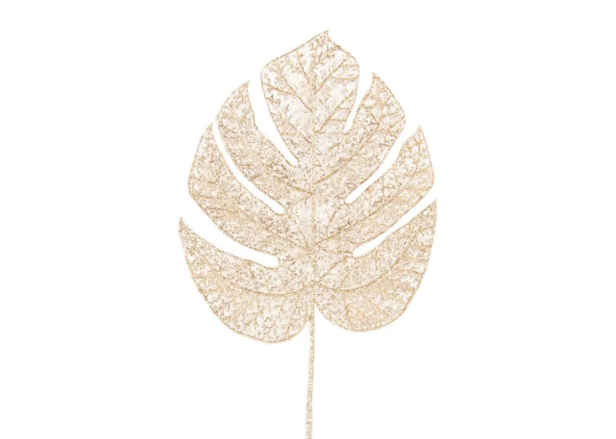 A gold leaf christmas pick with glitter from EZ Livings Christmas range. Closeup of large leaf