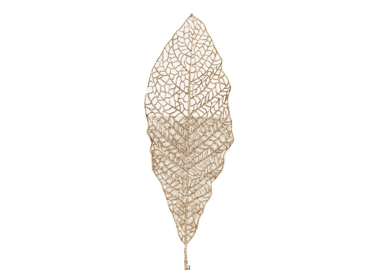 A slim gold leaf christmas pick with glitter from EZ Livings Christmas range. Closeup of slim leaf detail