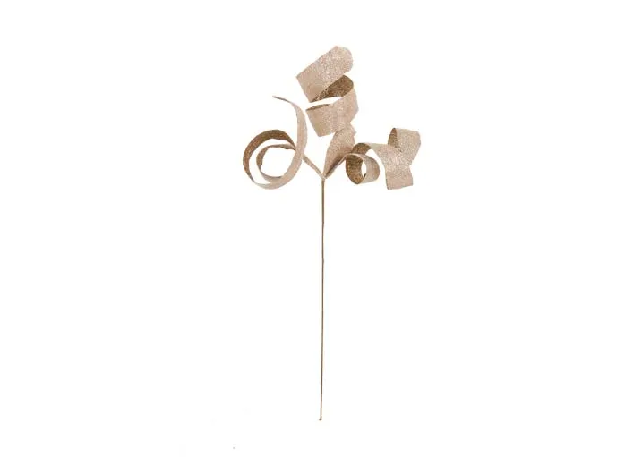 A gold curled ribbon spray stem from EZ Livings Christmas range. Front view