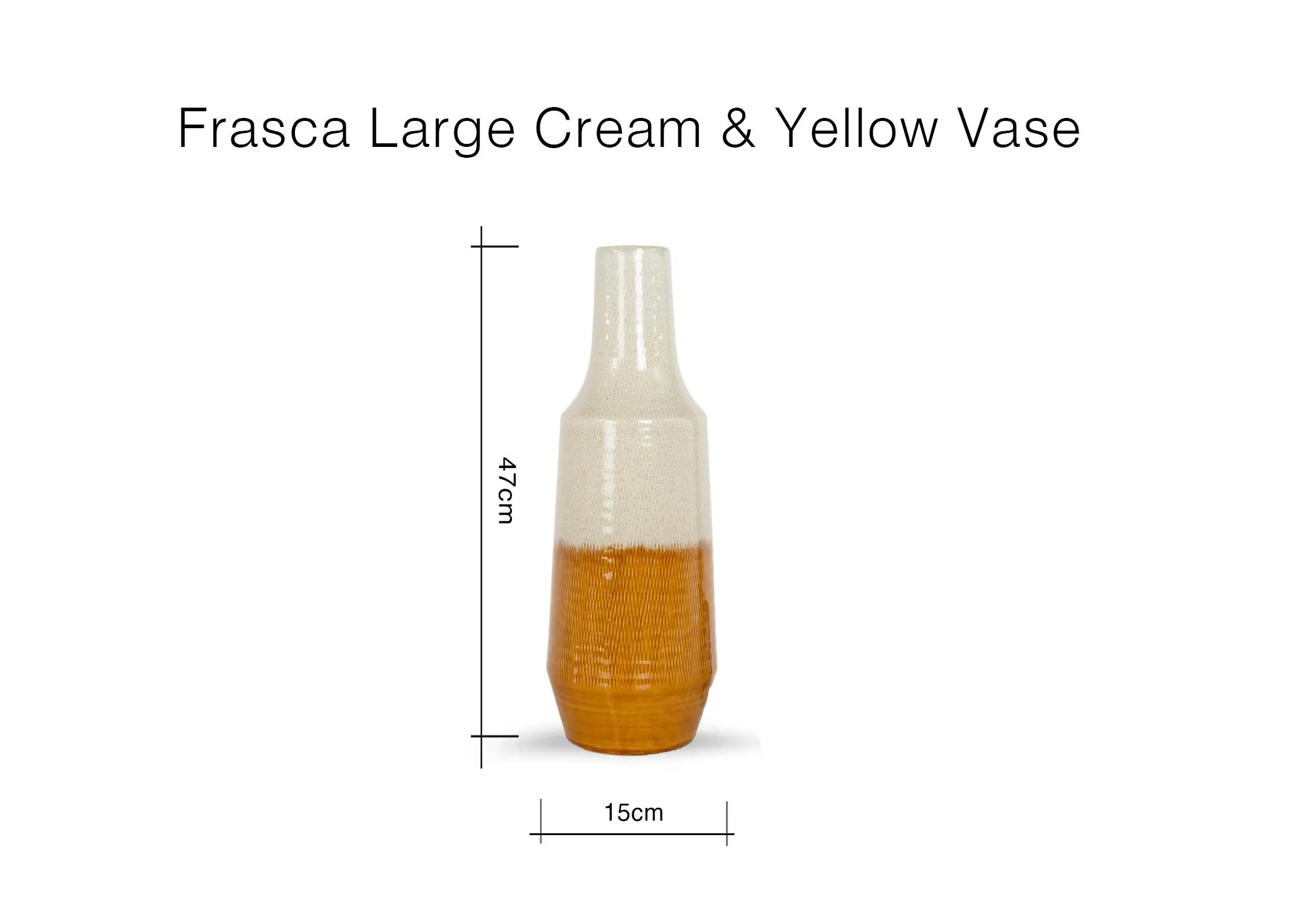 A dimension image of the Frasca Cream & Yellow vase with 15cm x 47cm