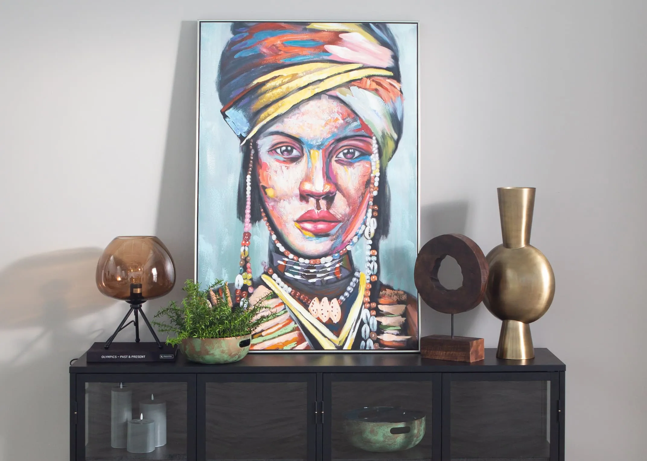 A lifestyle image of the Carmel sideboard with Lady print