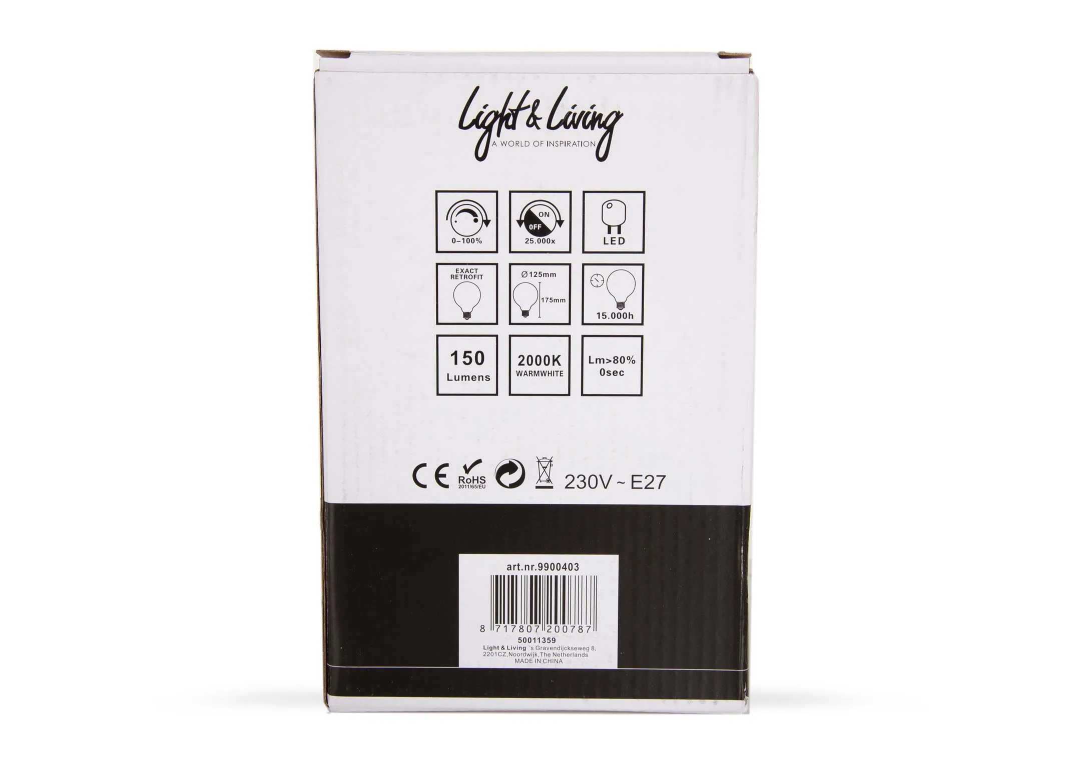 A front view of a Globe 4W LED Bulb from EZ Living Furniture's Vintage bulb range. Back view of packaging