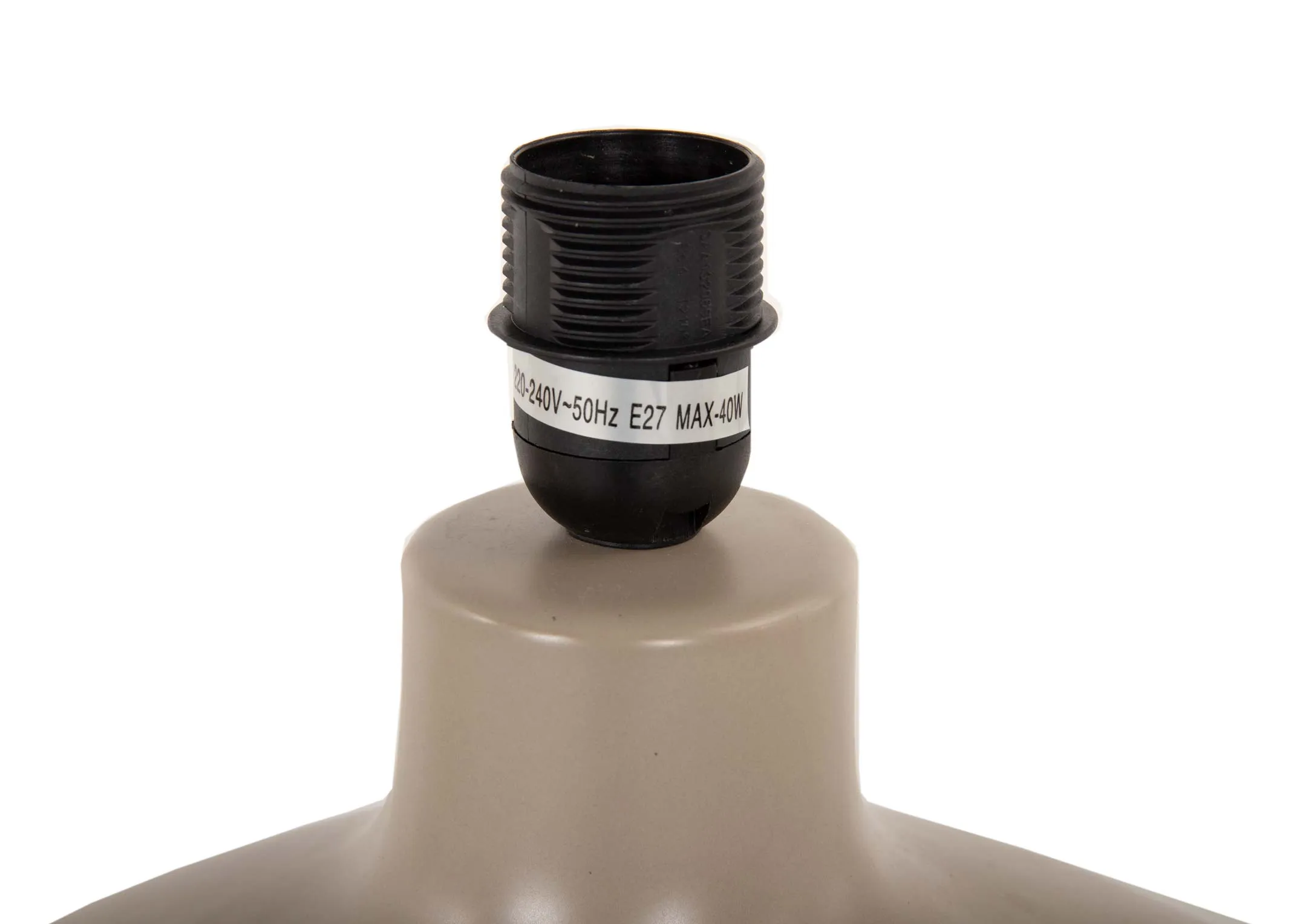 A taupe ceramic table lamp with cream shade from EZ Livings Retro range. Closeup of e27 lamp holder