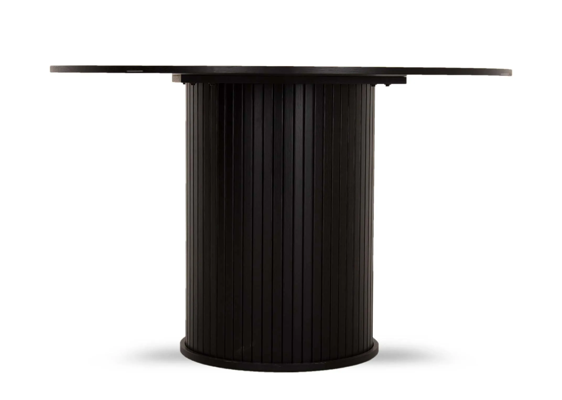 A large round black dining table with a slatted base from EZ Livings Nola range. Closeup of trimmed slatt cylindrical base