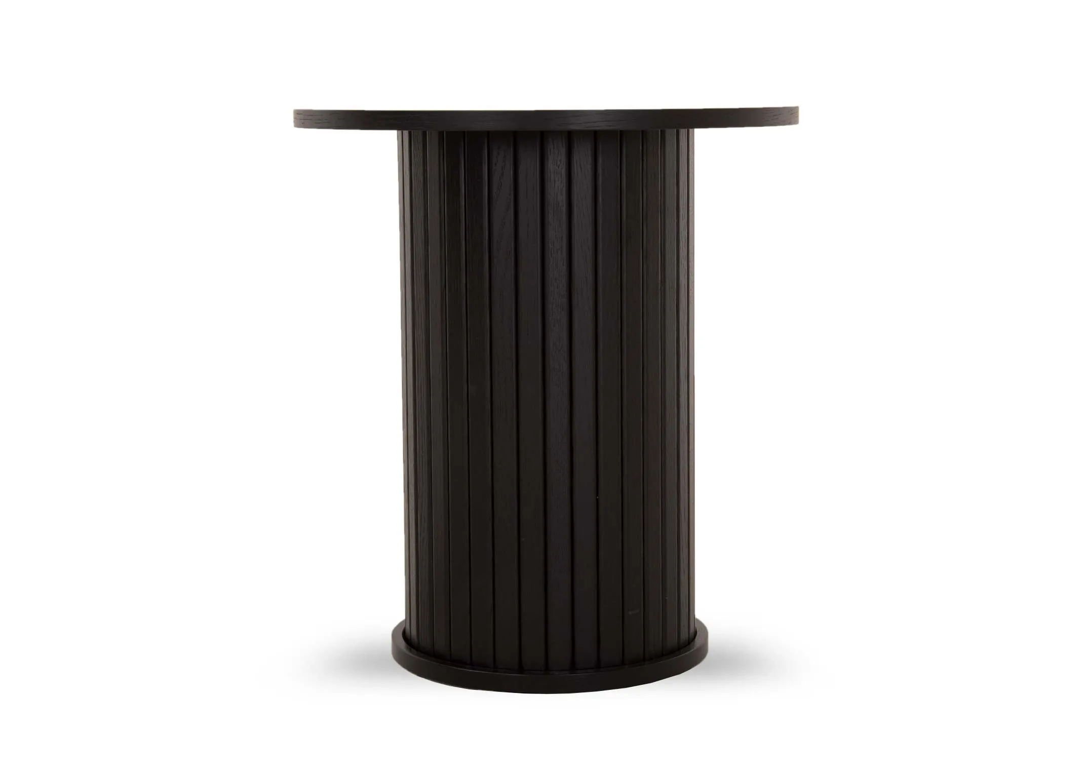 A round black oak lamp table with a slatted base from EZ Livings Nola range. Front view of slim table top