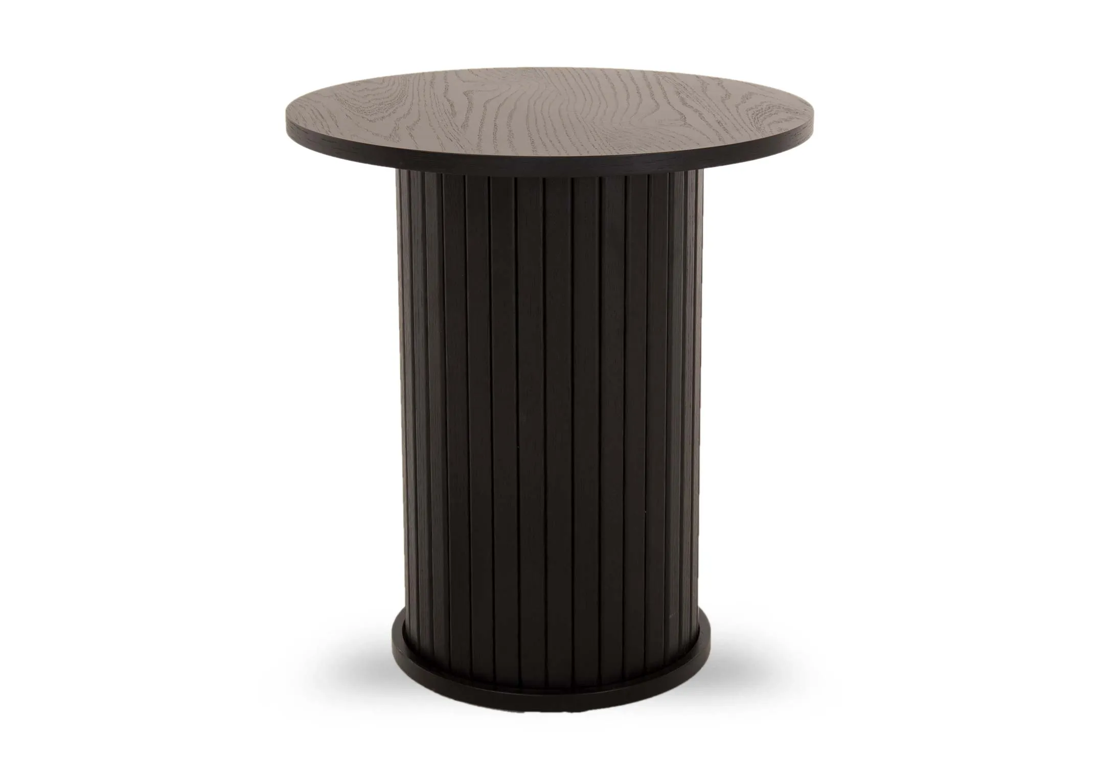 A round black oak lamp table with a slatted base from EZ Livings Nola range. Angled view