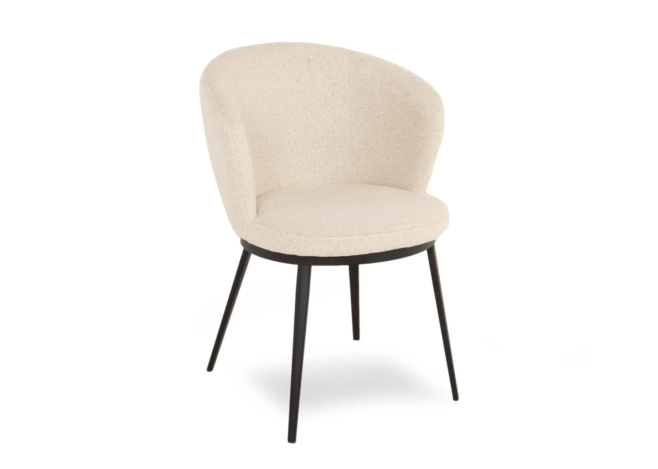 An off white boucle carver chair from EZ Livings Gain range. Angeld view of black metal legs