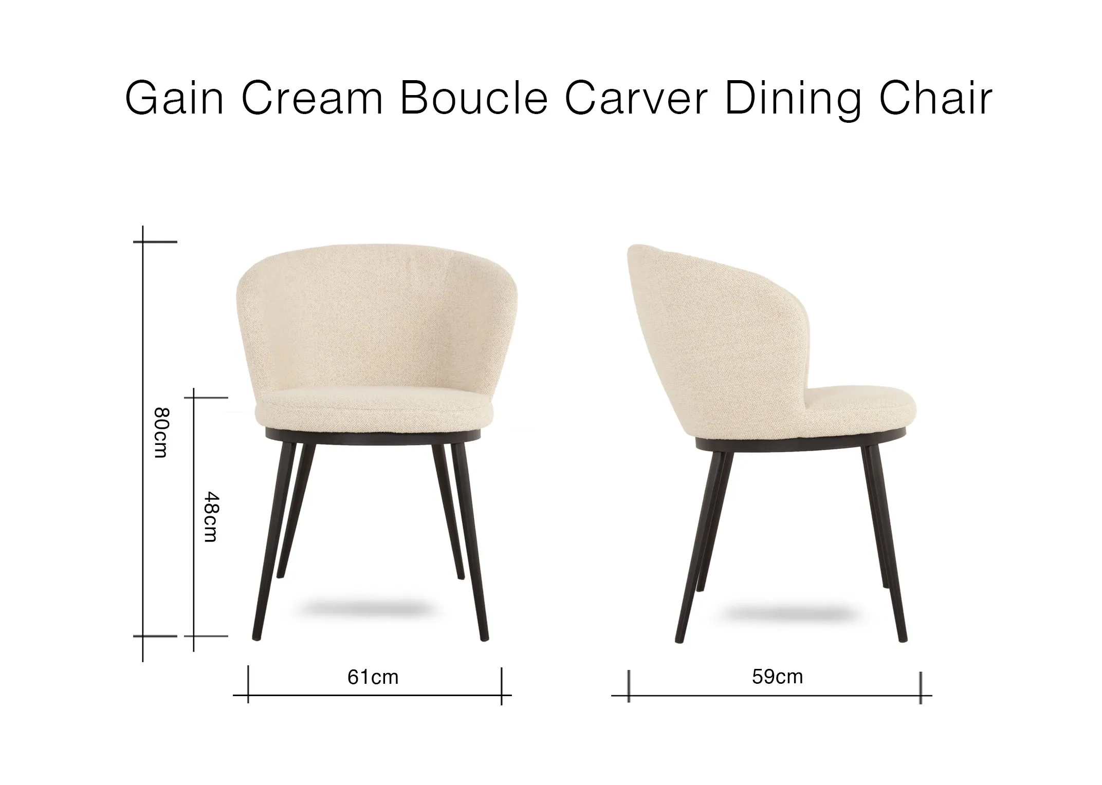 A dimension image of the Gain boucle carver chair with 61cm x 59cm x 80cm