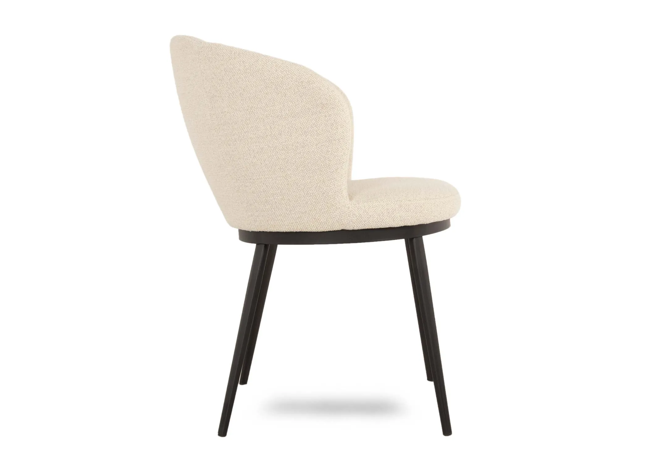 An off white boucle carver chair from EZ Livings Gain range. Side view of arched backrest