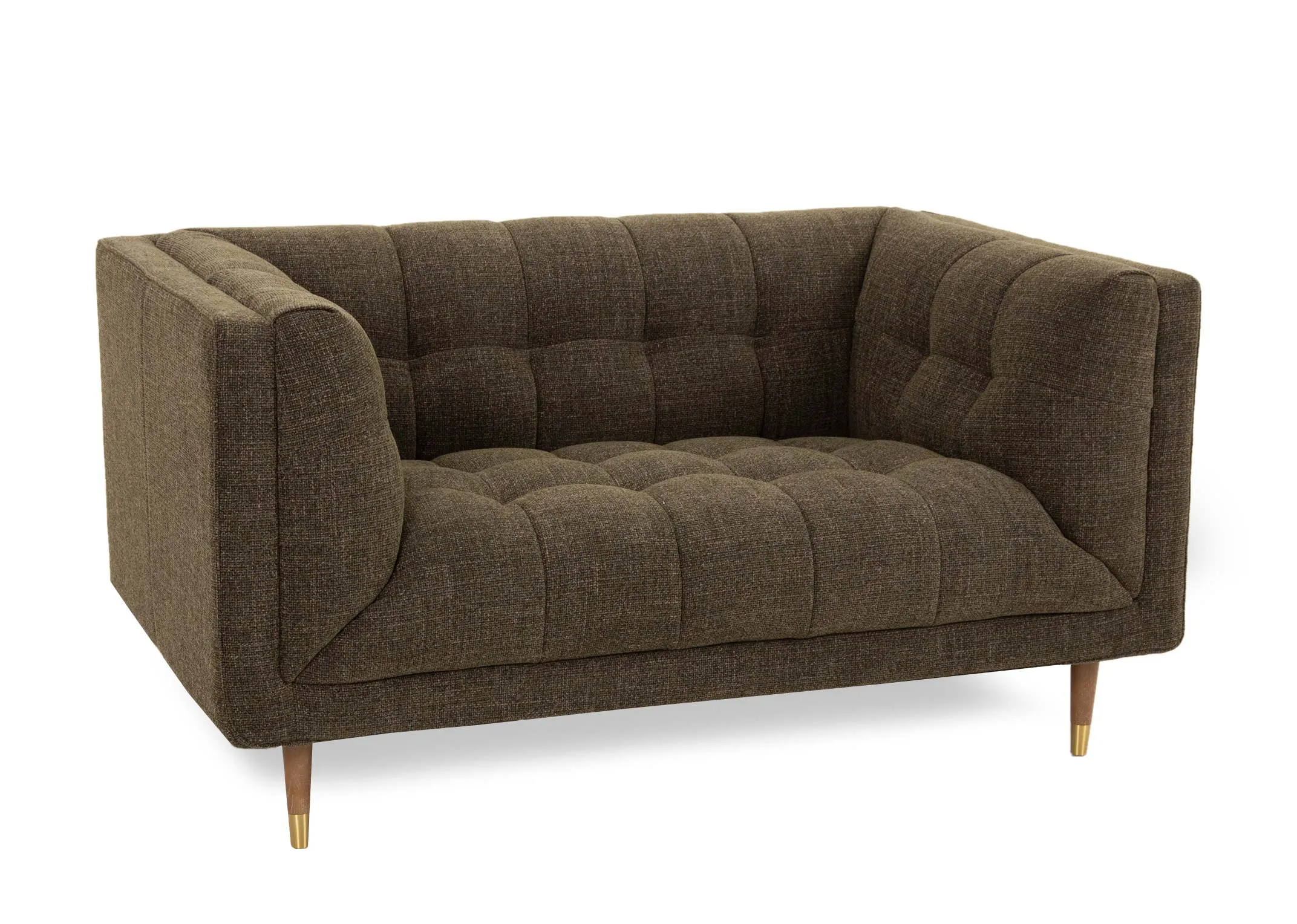 A 2 seater green fabric sofa from EZ Livings Grace range. Angled view of tufted button seat & back cushions