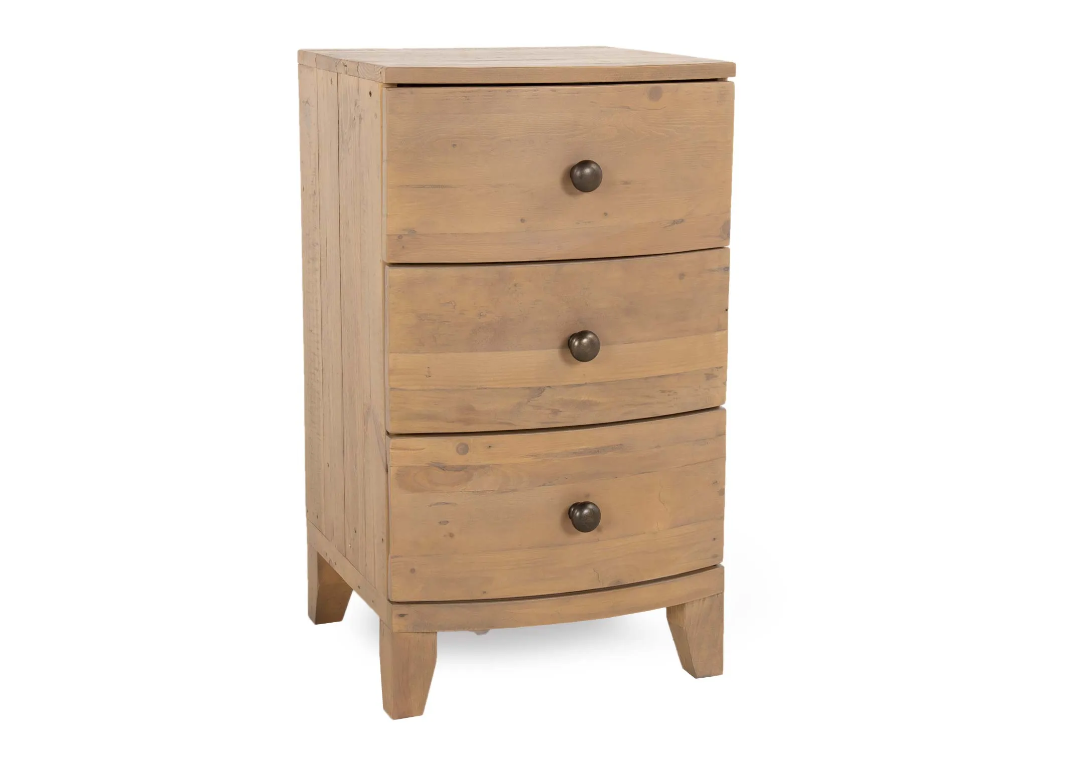A 3 drawer bedside locker crafted from reclaimed wood from EZ Livings Bria range. Angled view of brass round drawer knobs