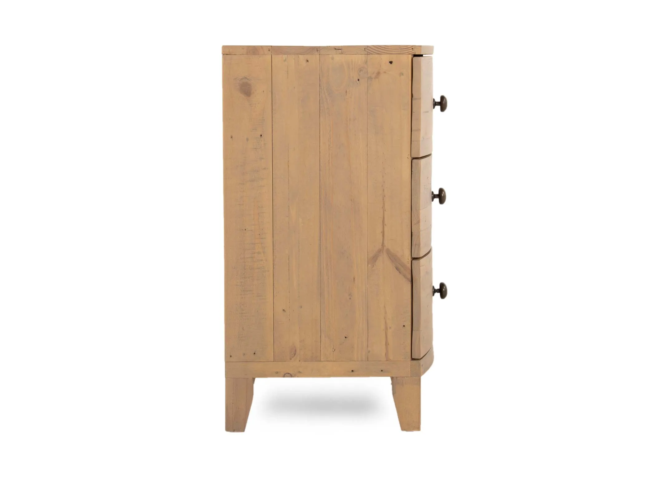 A 3 drawer wood bedside locker from EZ Livings Bria range. Side view of small feet