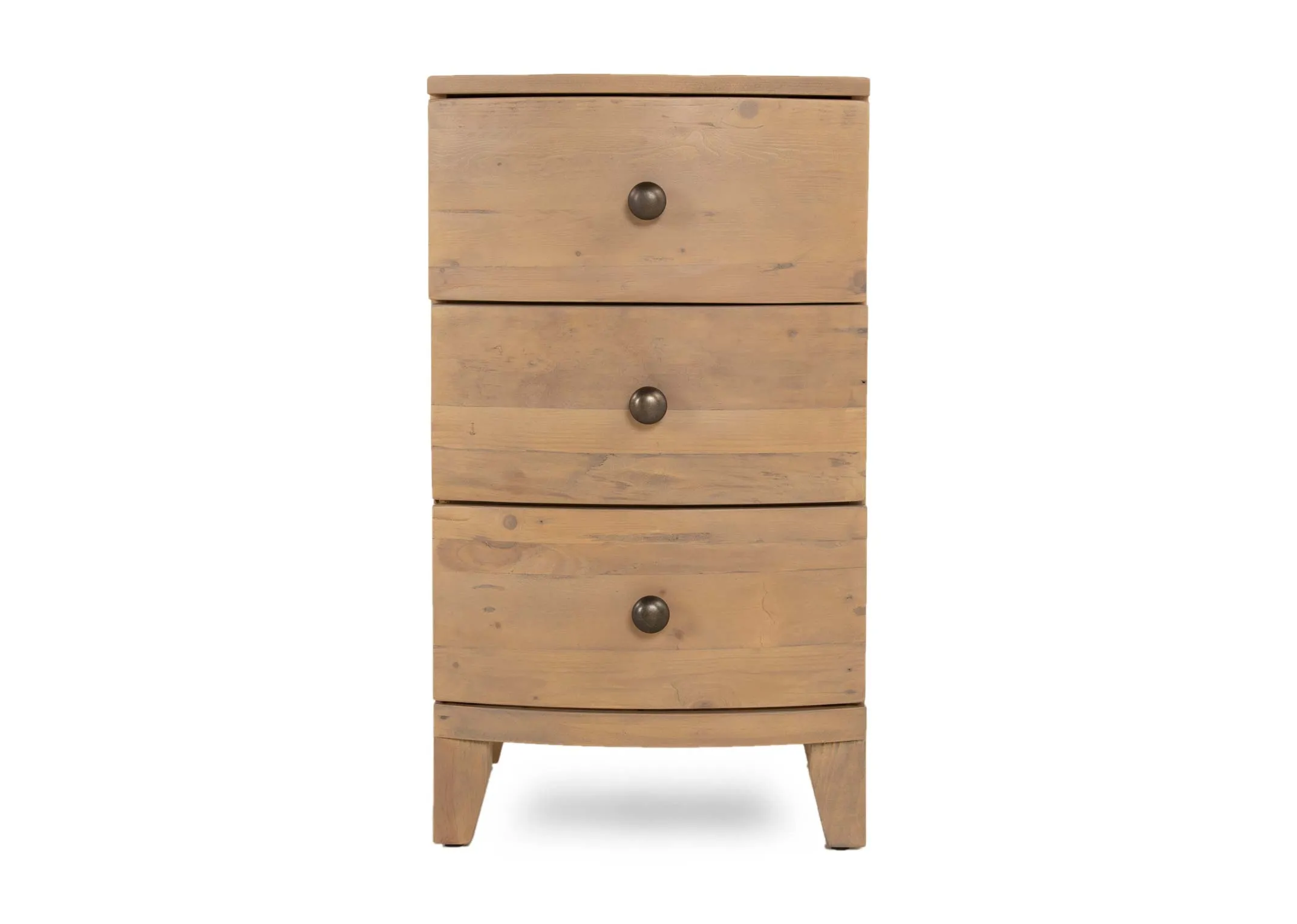 A 3 drawer wood bedside locker from EZ Livings Bria range. Front view of 3 drawers & reclaimed wood finish.