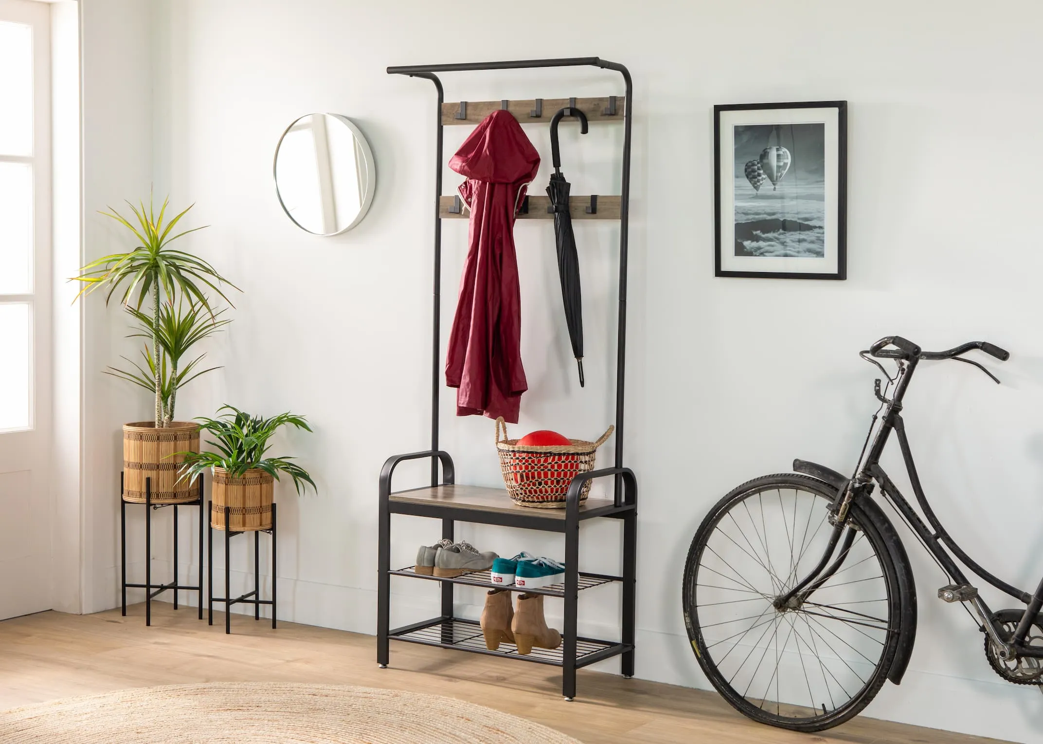 Rustic Grey Coat Stand & Metal Shoe Rack - Barrow