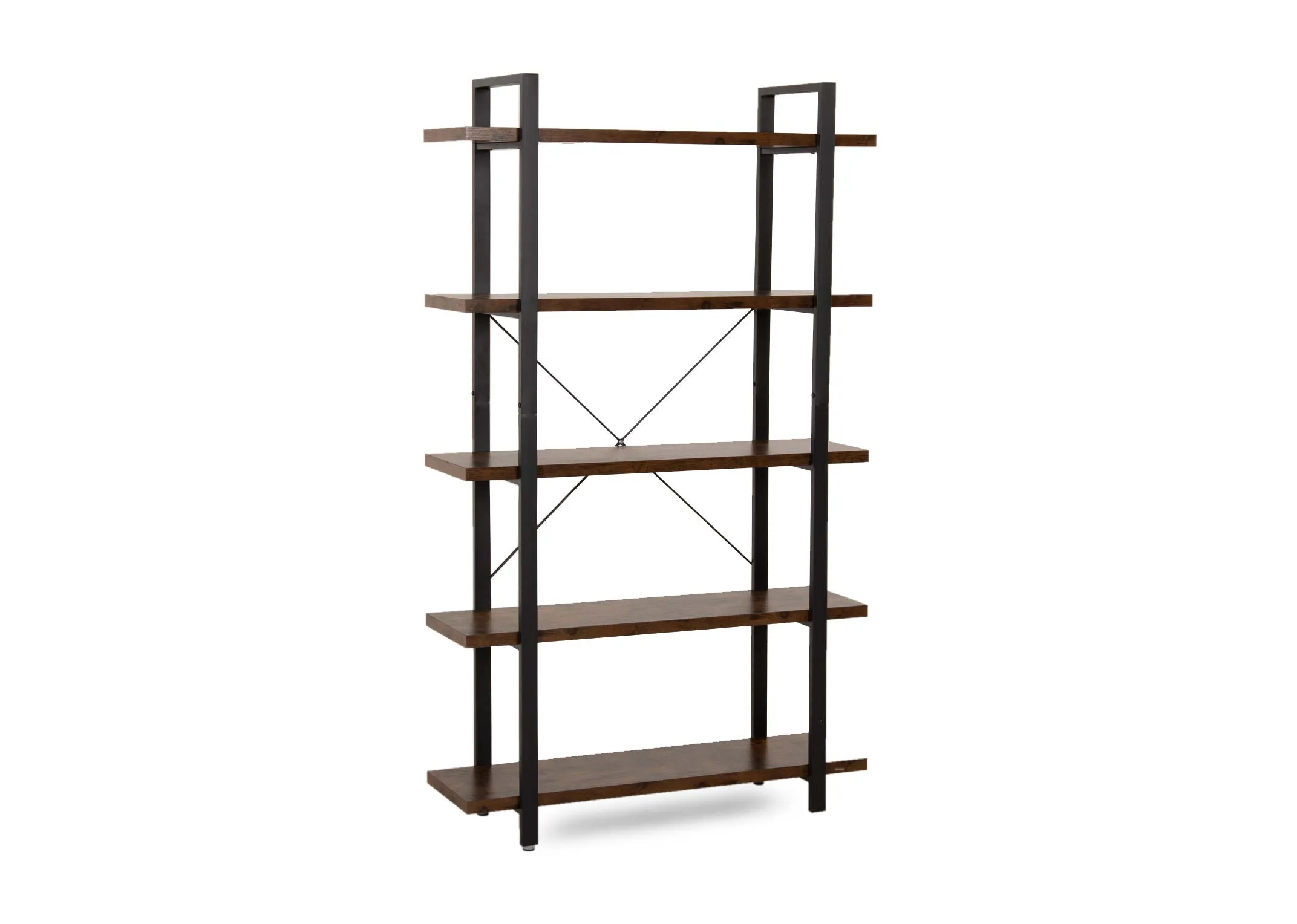 A 5 tier wood open display book case with metal frame from EZ Living Furnitures Kenzie range. Angled view of thick shelves.