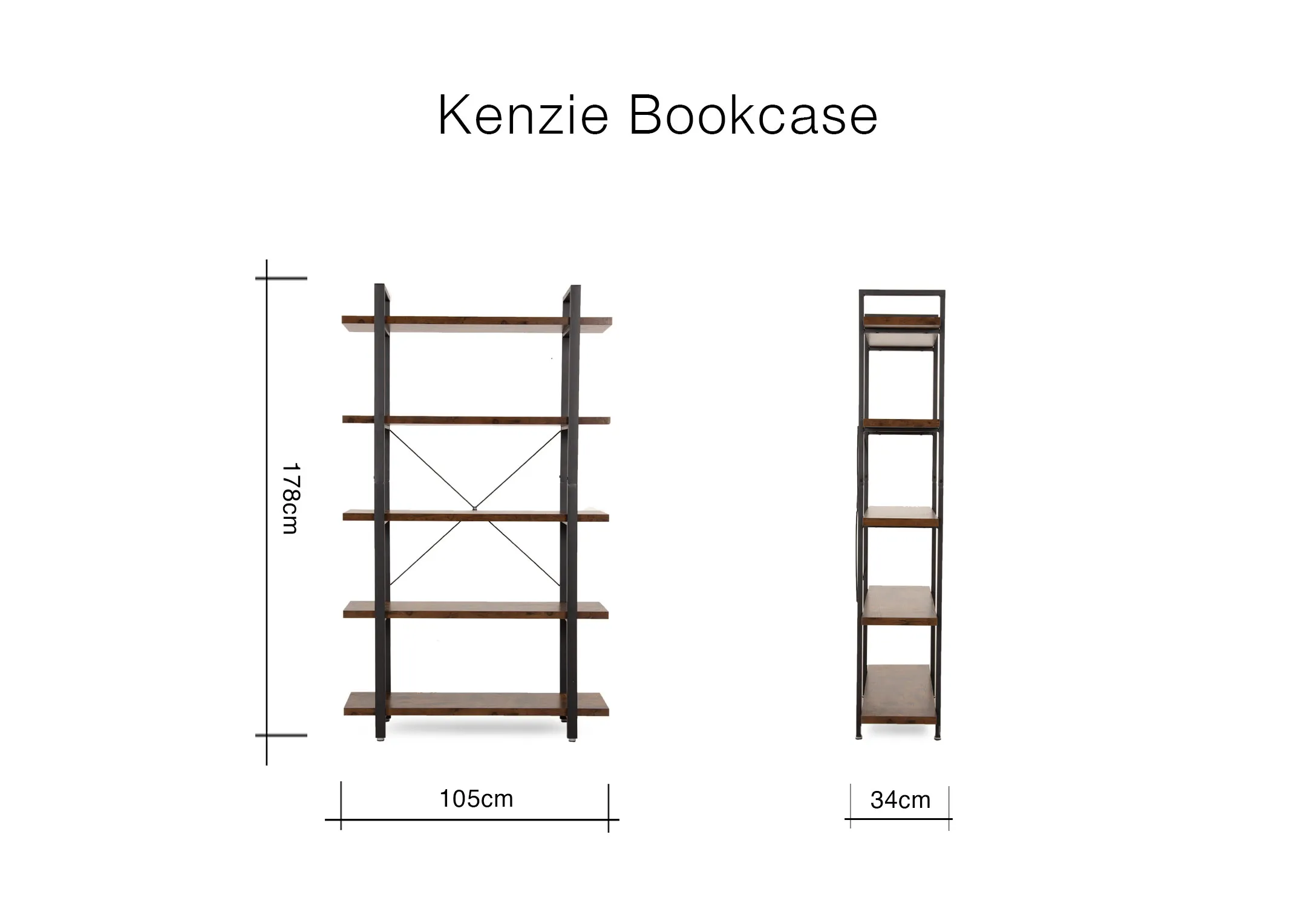 A dimension Image of the Kenzie Bookcase with 105cm Width x 33.5cm Depth x 177.5cm Height