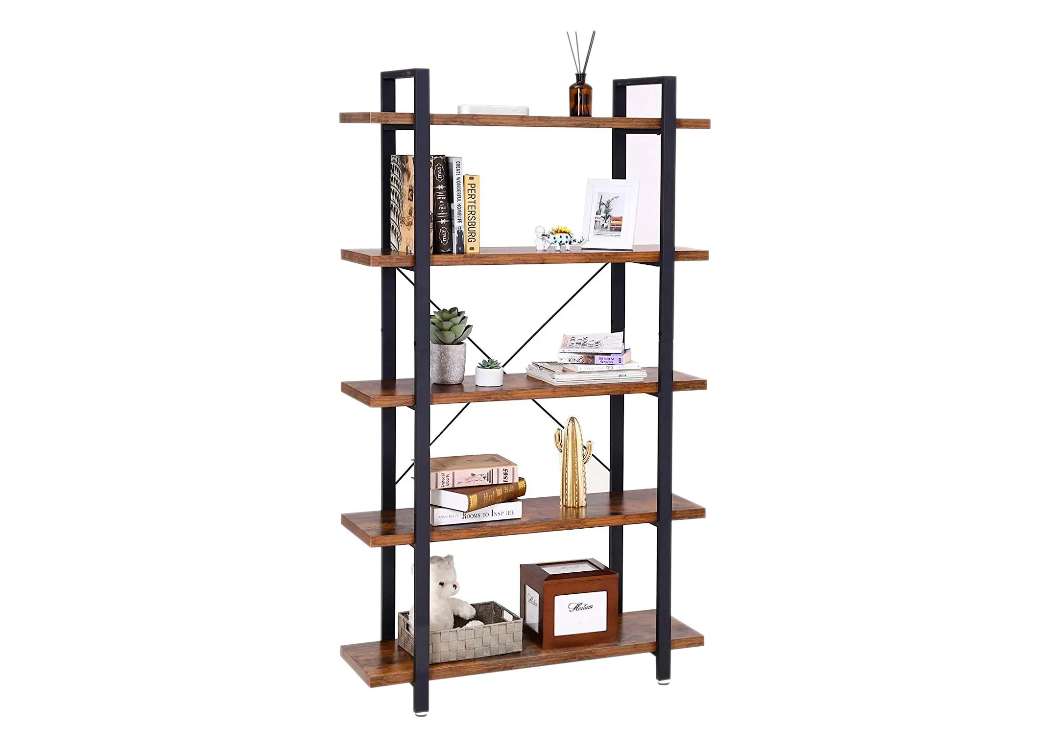 A 5 tier wood open display book case with metal frame from EZ Living Furnitures Kenzie range. Angled view of shelves filled