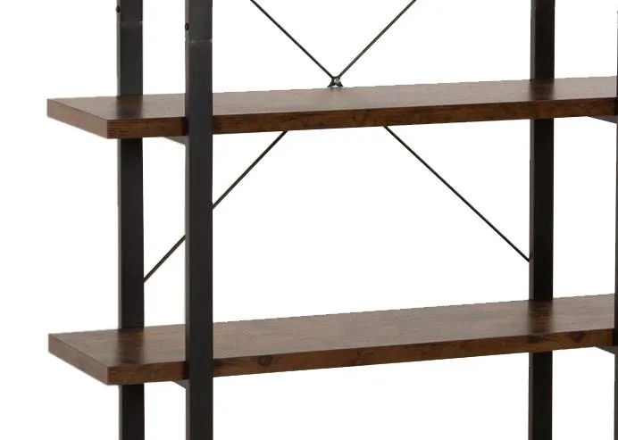 A 5 tier wood open display book case with metal frame from EZ Living Furnitures Kenzie range. Closeup of thick shelves