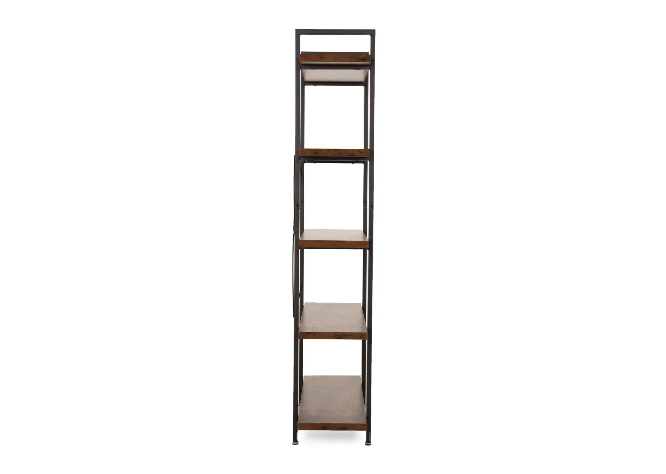 A 5 tier wood open display book case with metal frame from EZ Living Furnitures Kenzie range. Side view of metal frame