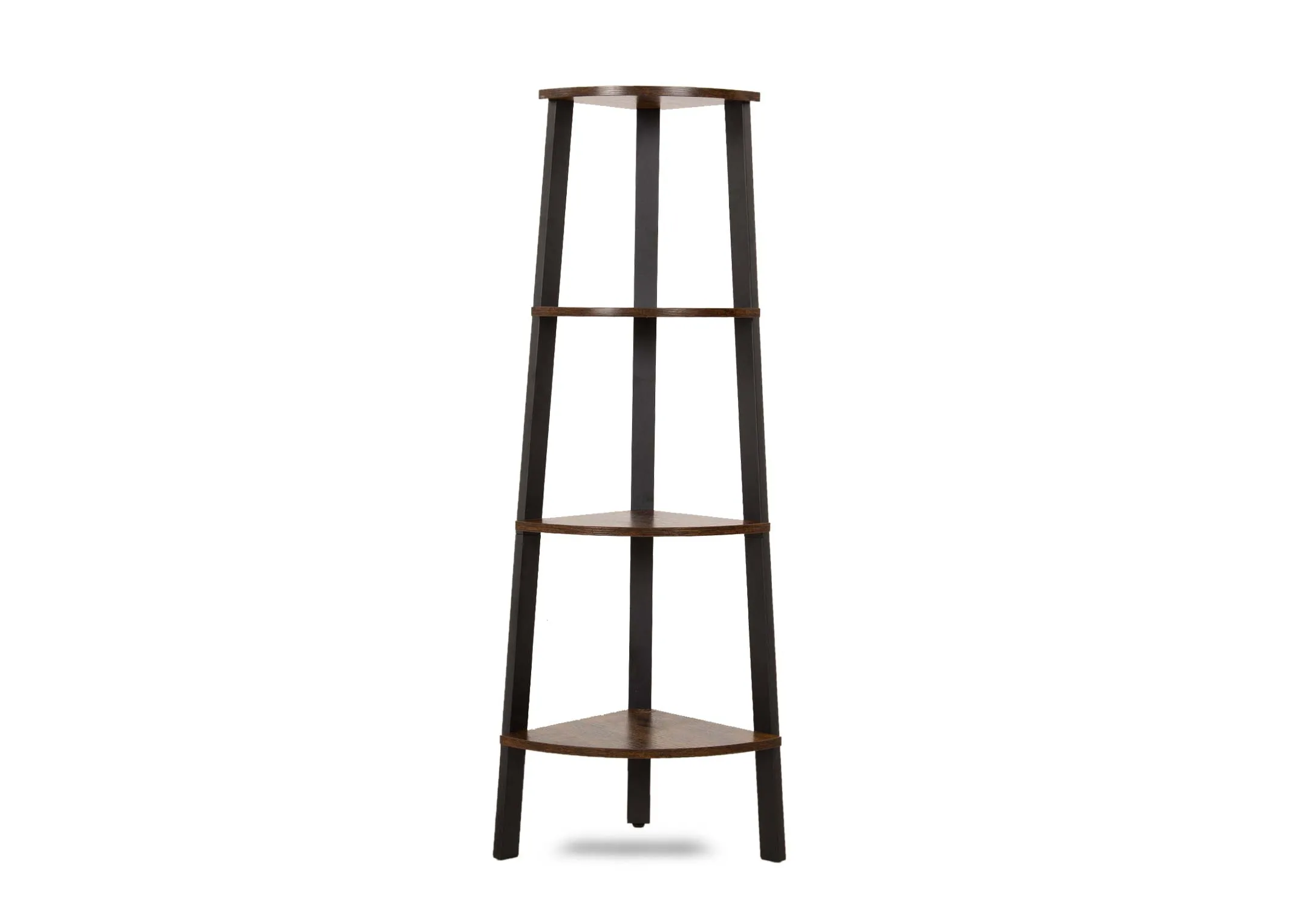 A corner ladder shelving unit with 4 wood shelves from EZ Livings Karo range. Front veiw of 4 spacious shelves