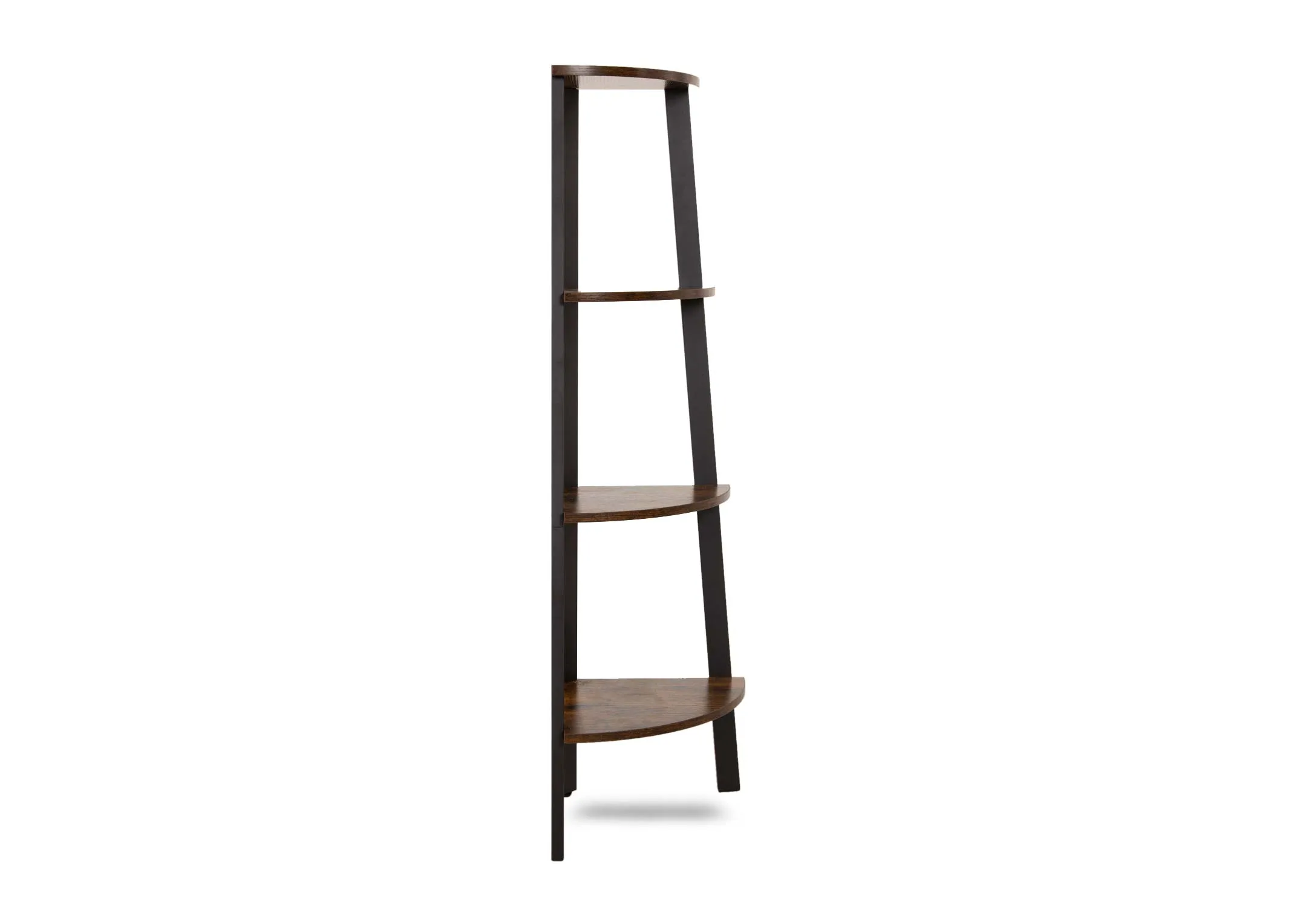 A corner ladder shelving unit with 4 wood shelves from EZ Livings Karo range. Side view