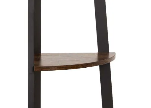 A corner ladder shelving unit with 4 wood shelves from EZ Livings Karo range. Closeup of brown shelf