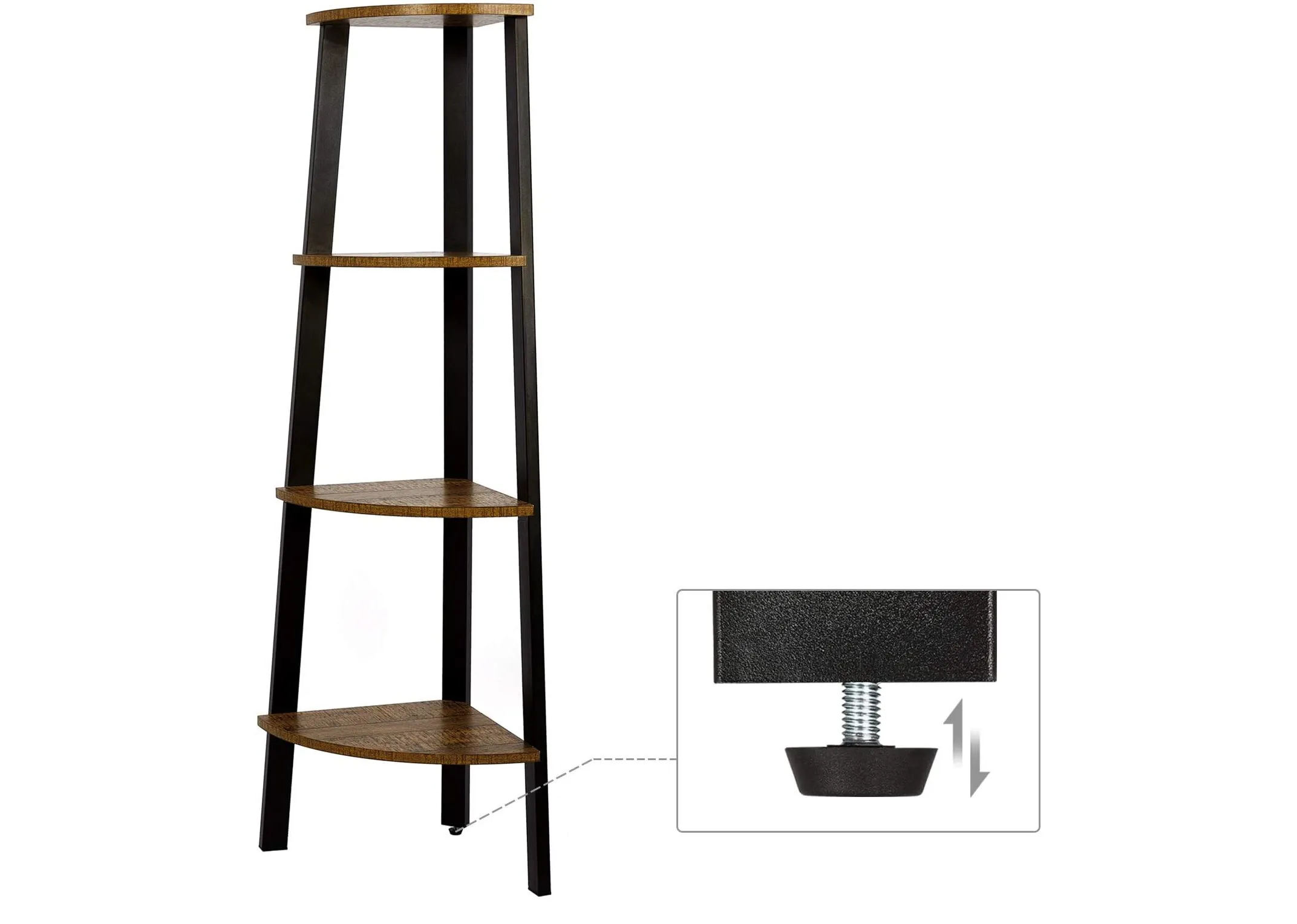 A corner ladder shelving unit with 4 wood shelves from EZ Living's Karo range. Angled view of metal frame