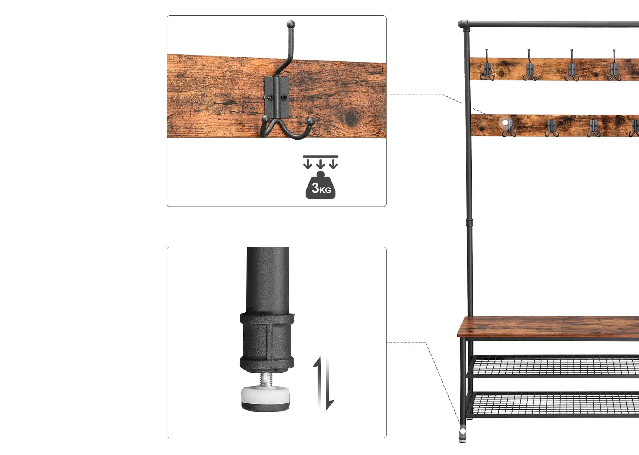 A coat stand with 10 hooks and 3 shelves from EZ Livings Yaga range. Angled view of brown wood top finish