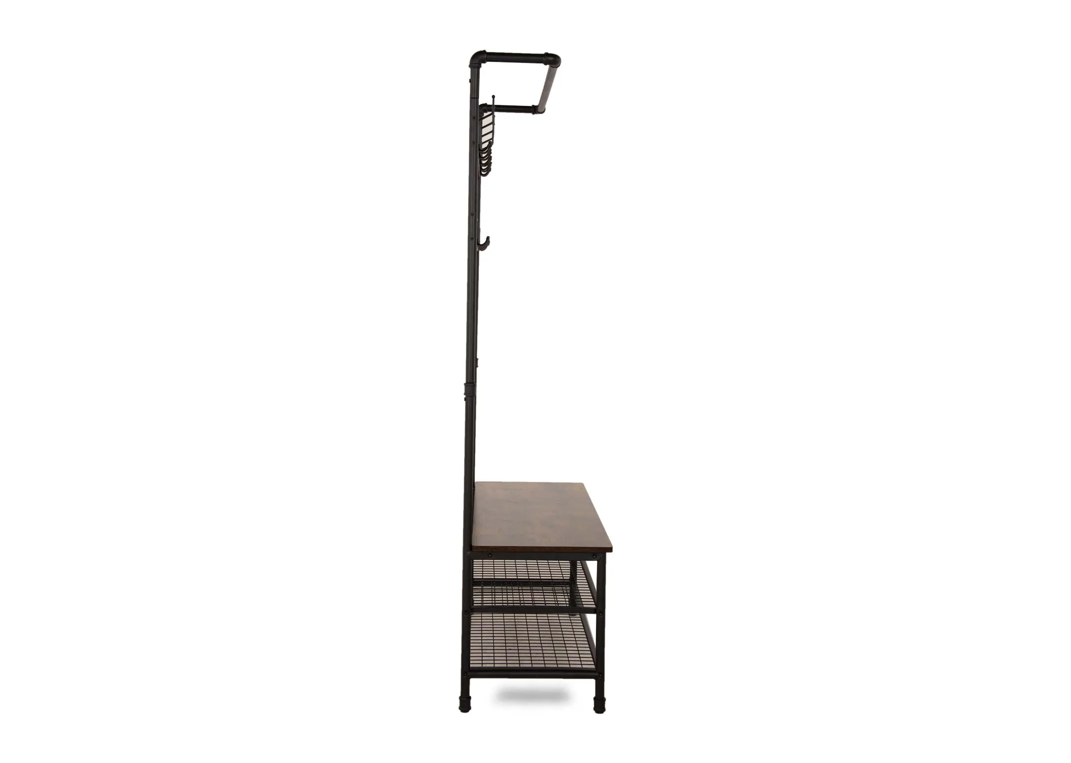 A coat stand with 10 hooks and 3 shelves from EZ Livings Yaga range.  Front view of 2 lower mesh shelves