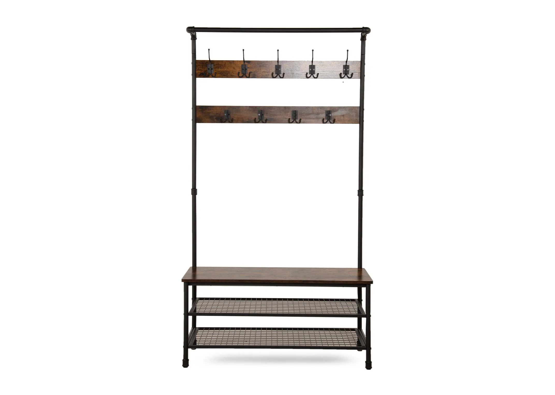 A coat stand with 10 hooks and 3 shelves from EZ Livings Yaga range.  Front view of 2 lower mesh shelves