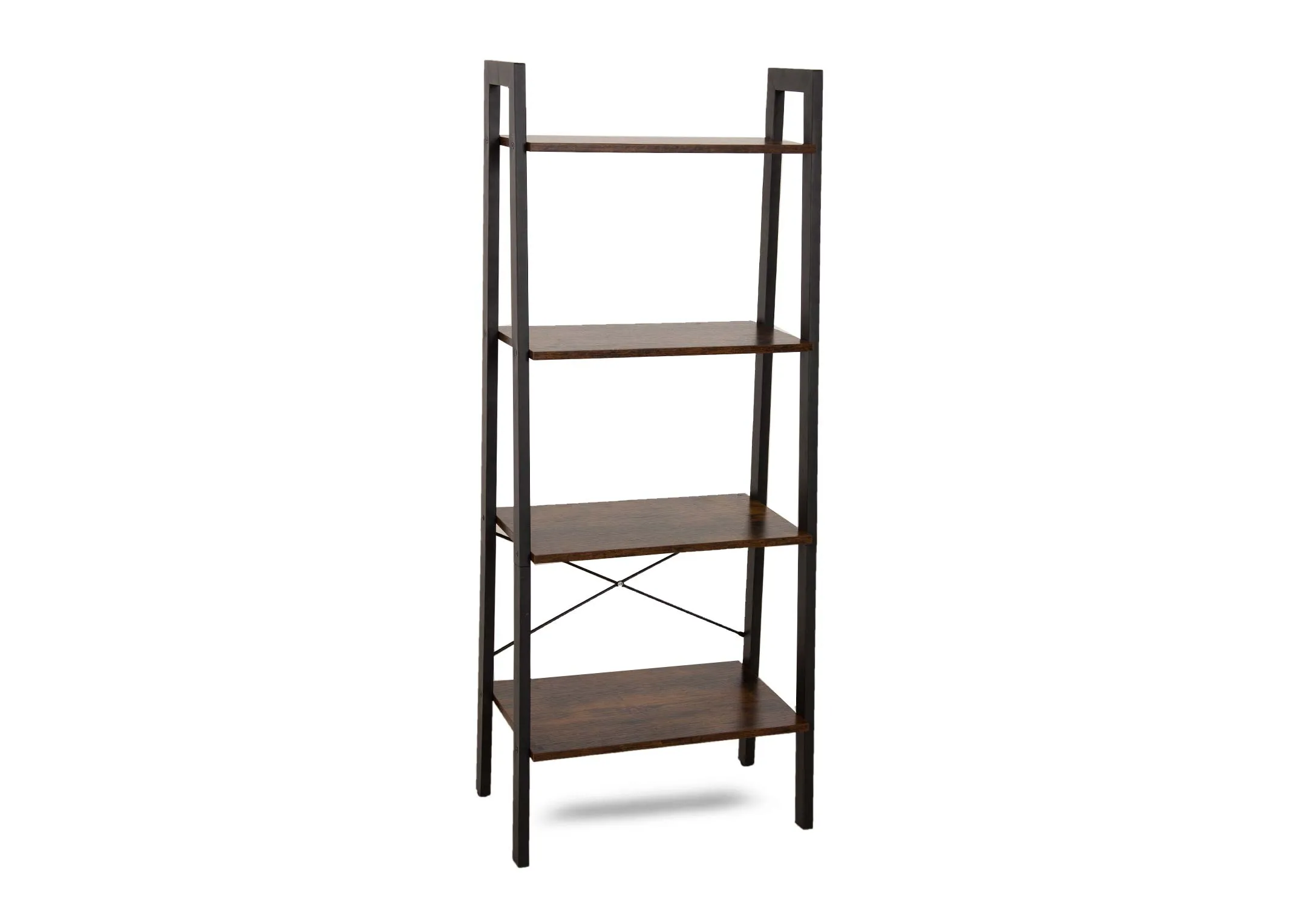 A 4 rustic shelf black framed ladder shelving unit from EZ Livings Karo range. Angled view of a decorative room display