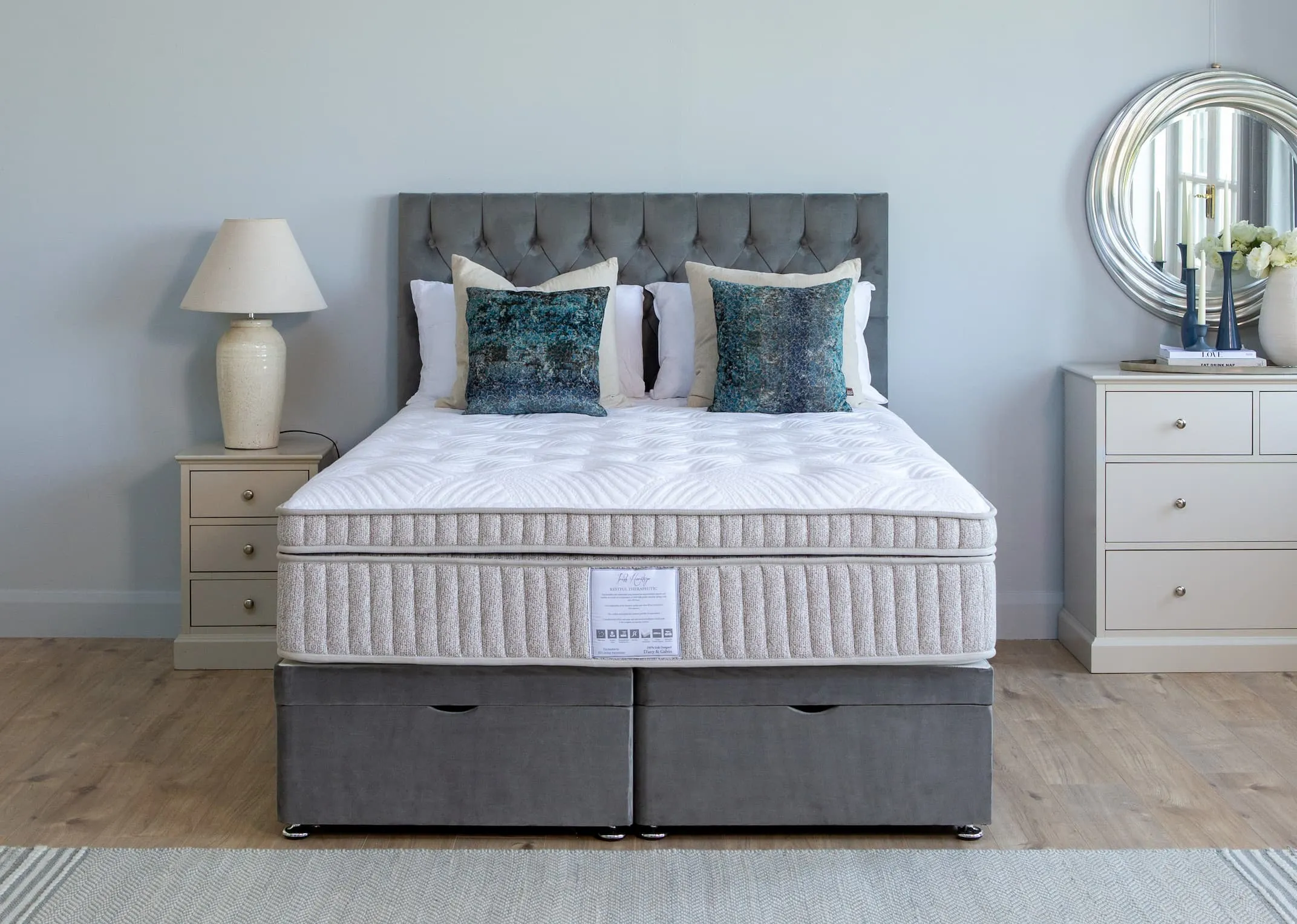 A lifestyle image of the Ottoman Bed with Palma Headboard & the Restful therapeutic mattress.