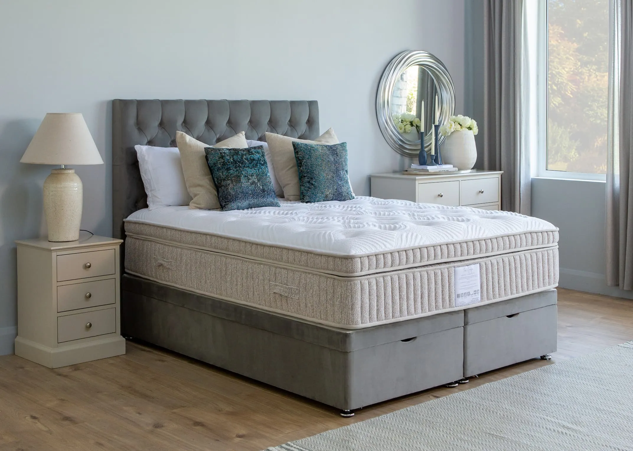 A lifestyle image of the Ottoman Bed with Palma Headboard & the Restful therapeutic mattress & rivendale lockers