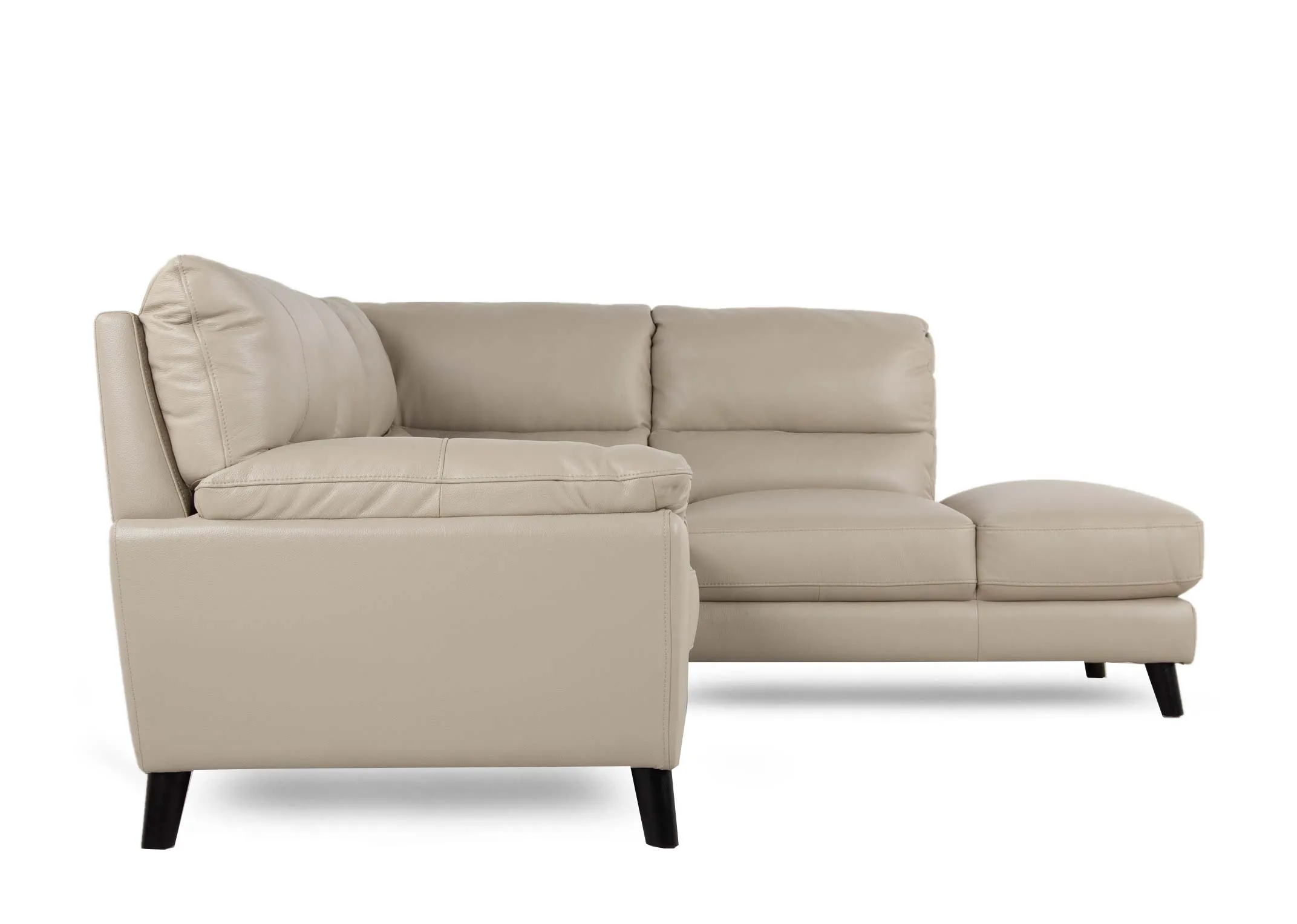 A light grey leather LAF corner chaise from EZ Livings Alfredo range. Side view of padded cushions