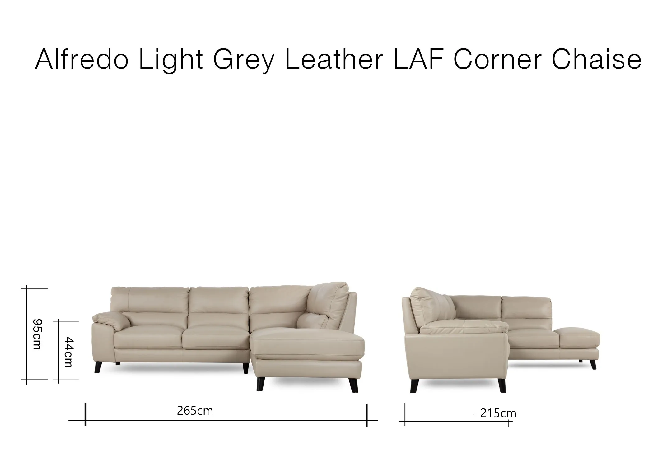 A dimension image of the Alfredo LAF Chaise with 265cm x 215cm H x 96cm D x 44cm