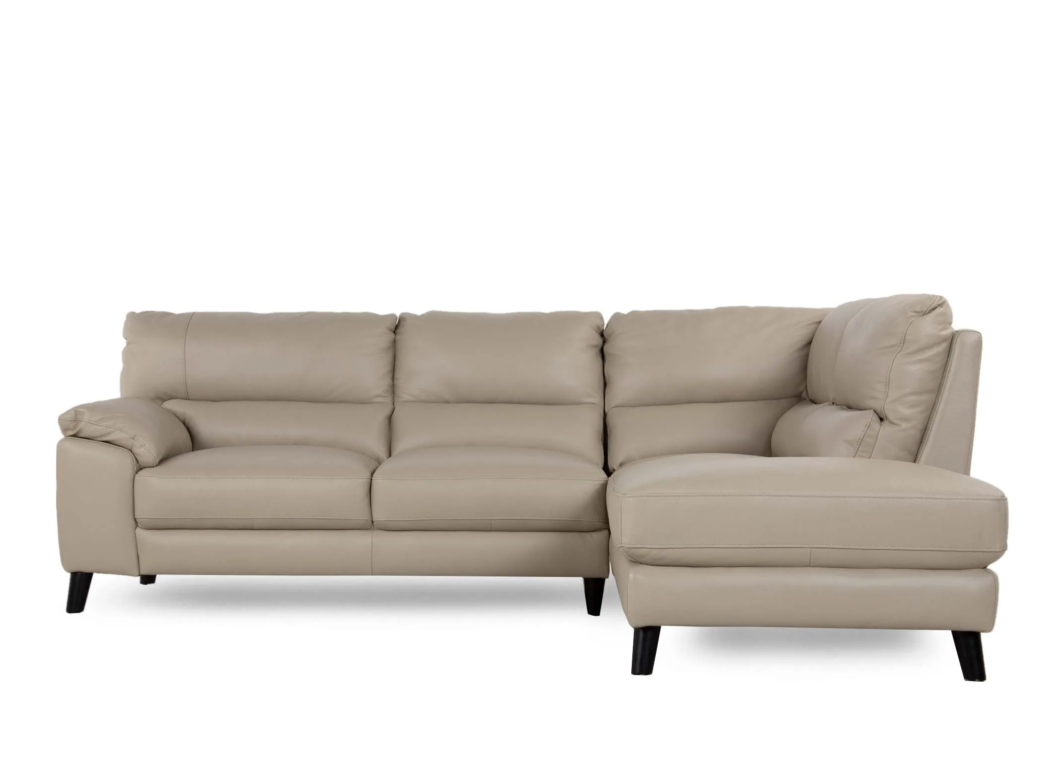 A light grey leather LAF corner chaise from EZ Livings Alfredo range. Front view of sofa
