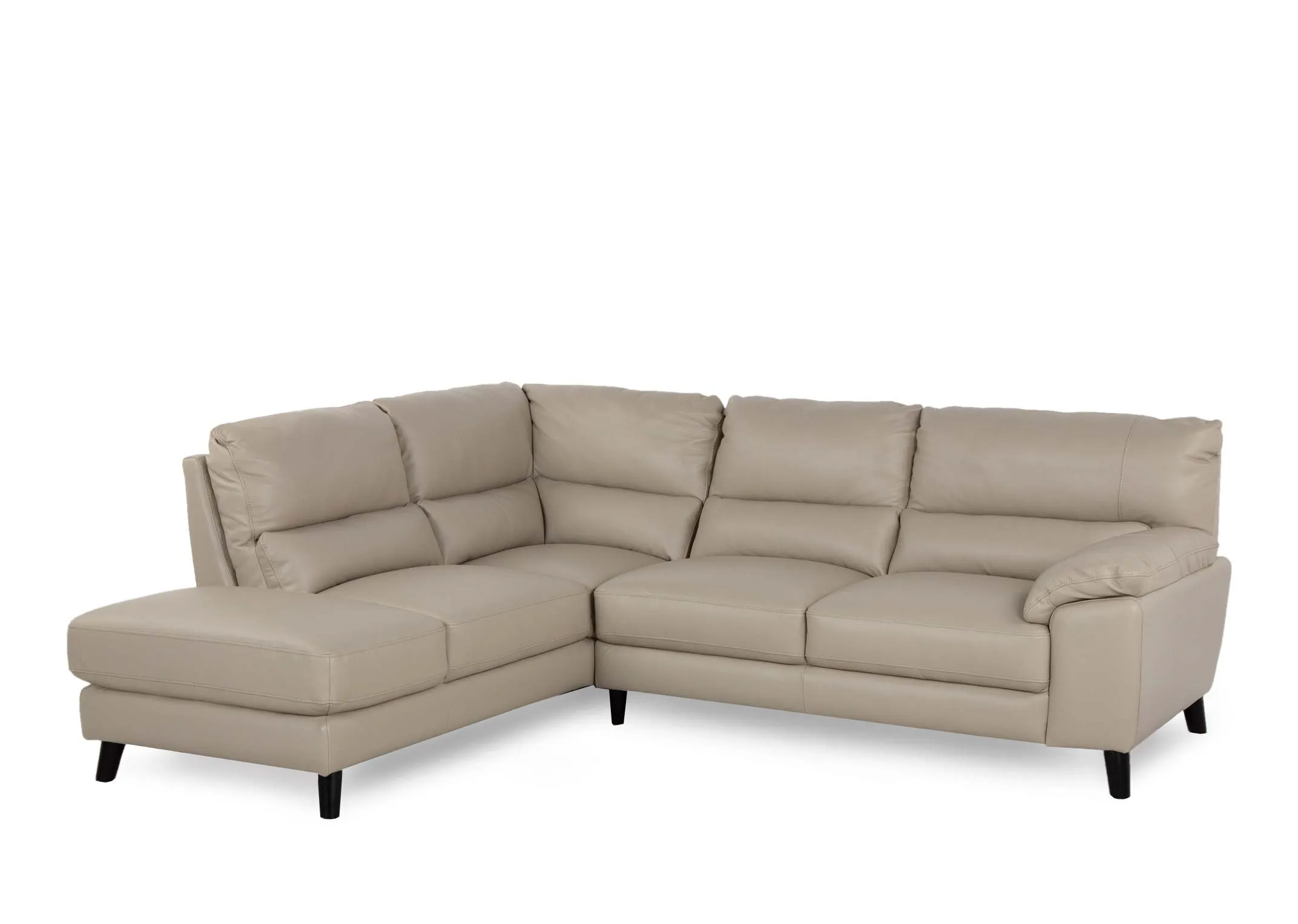 A light grey leather RAF corner chaise from EZ Livings Alfredo range. Angled view of 2 seater