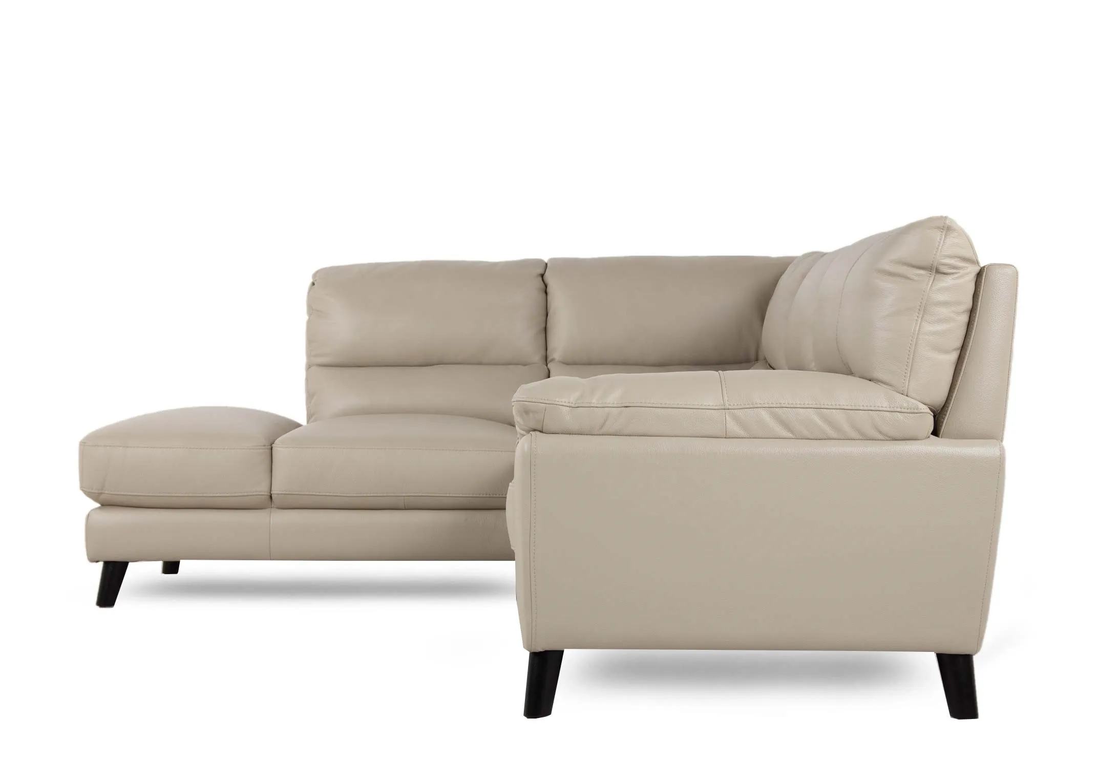 A light grey leather RAF corner chaise from EZ Livings Alfredo range.  Back view of warrantied frame