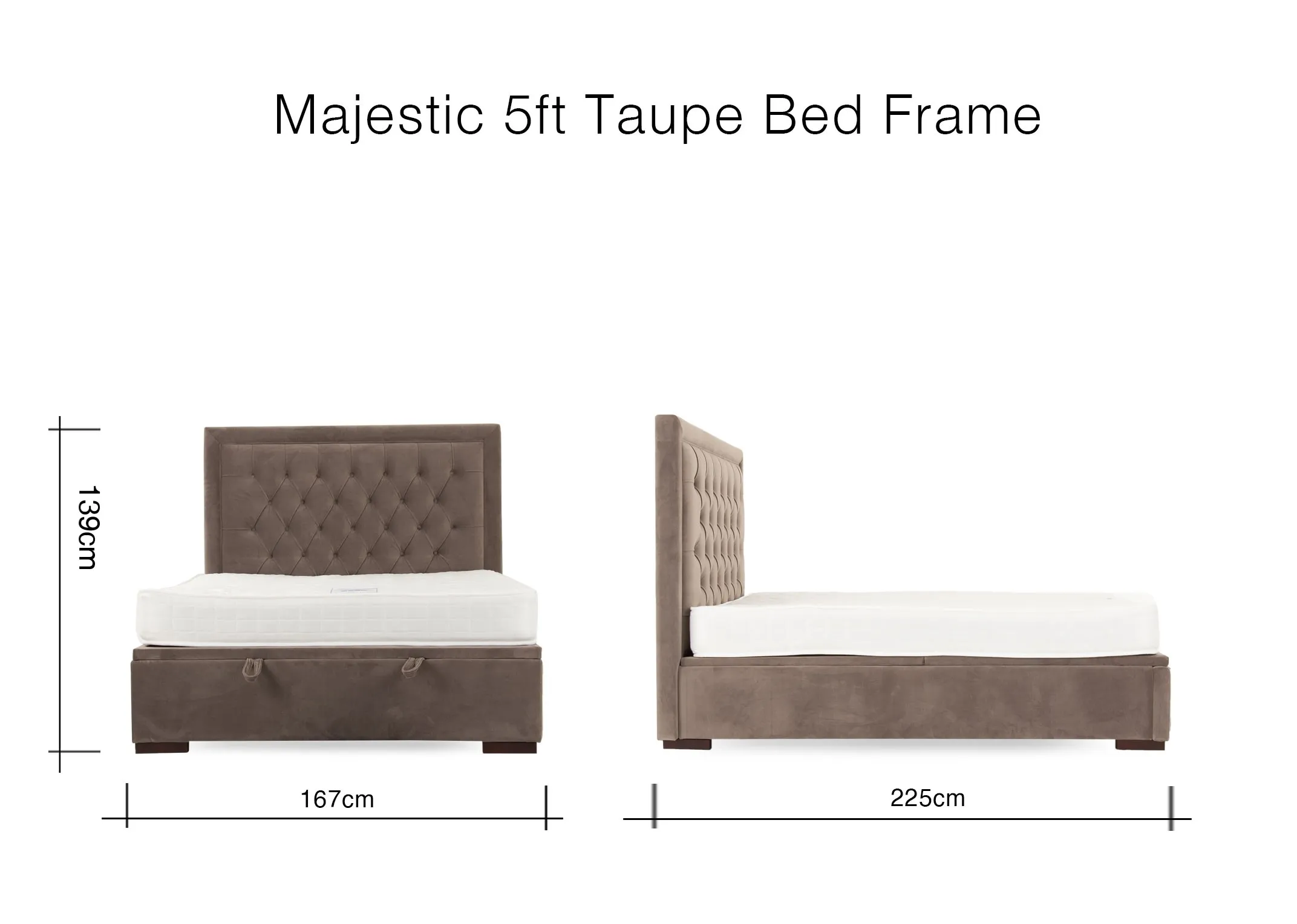 A dimension image of the Majestic 5ft taupe Ottoman with 167cm x 225cm x 139cm