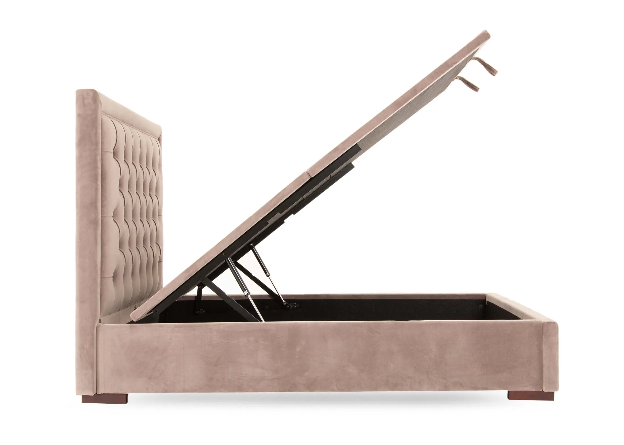 A taupe velvet ottoman bed with tufted high headboard from EZ Livings Majestic range. Side view of bed with ottoman open revealing underbed storage