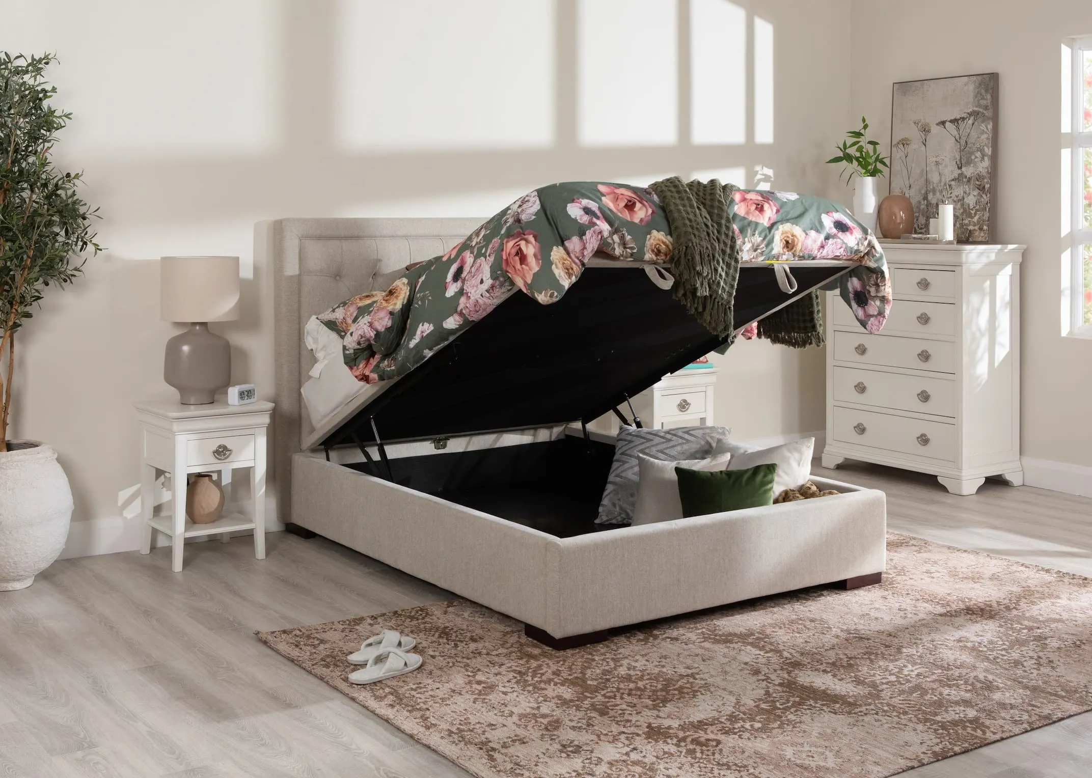 Super King (6ft) Beige Fabric Ottoman Bed - Majestic