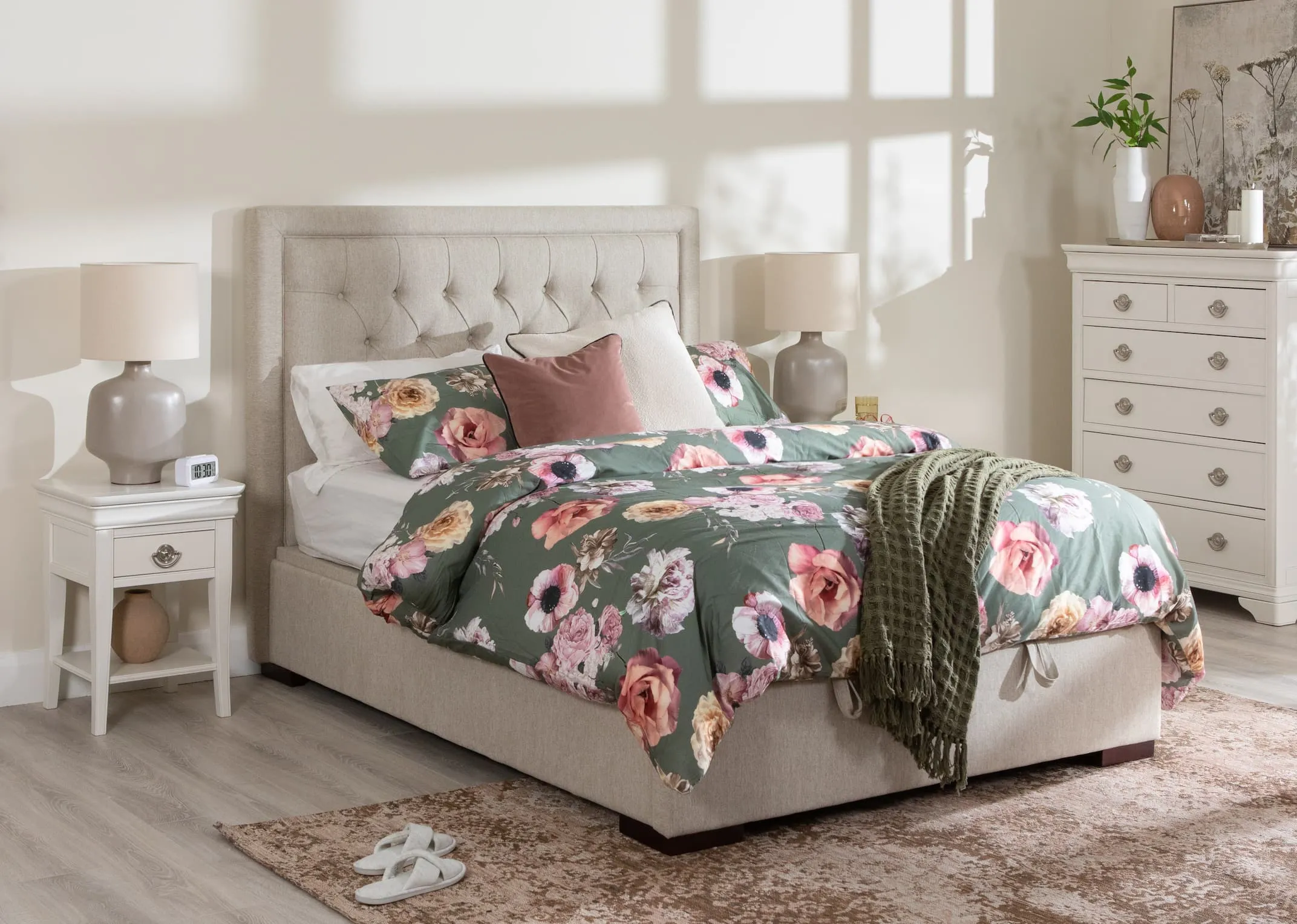A 6ft cream fabric ottoman bed from EZ Livings Majestic range. Closeup of the hinged function under bed